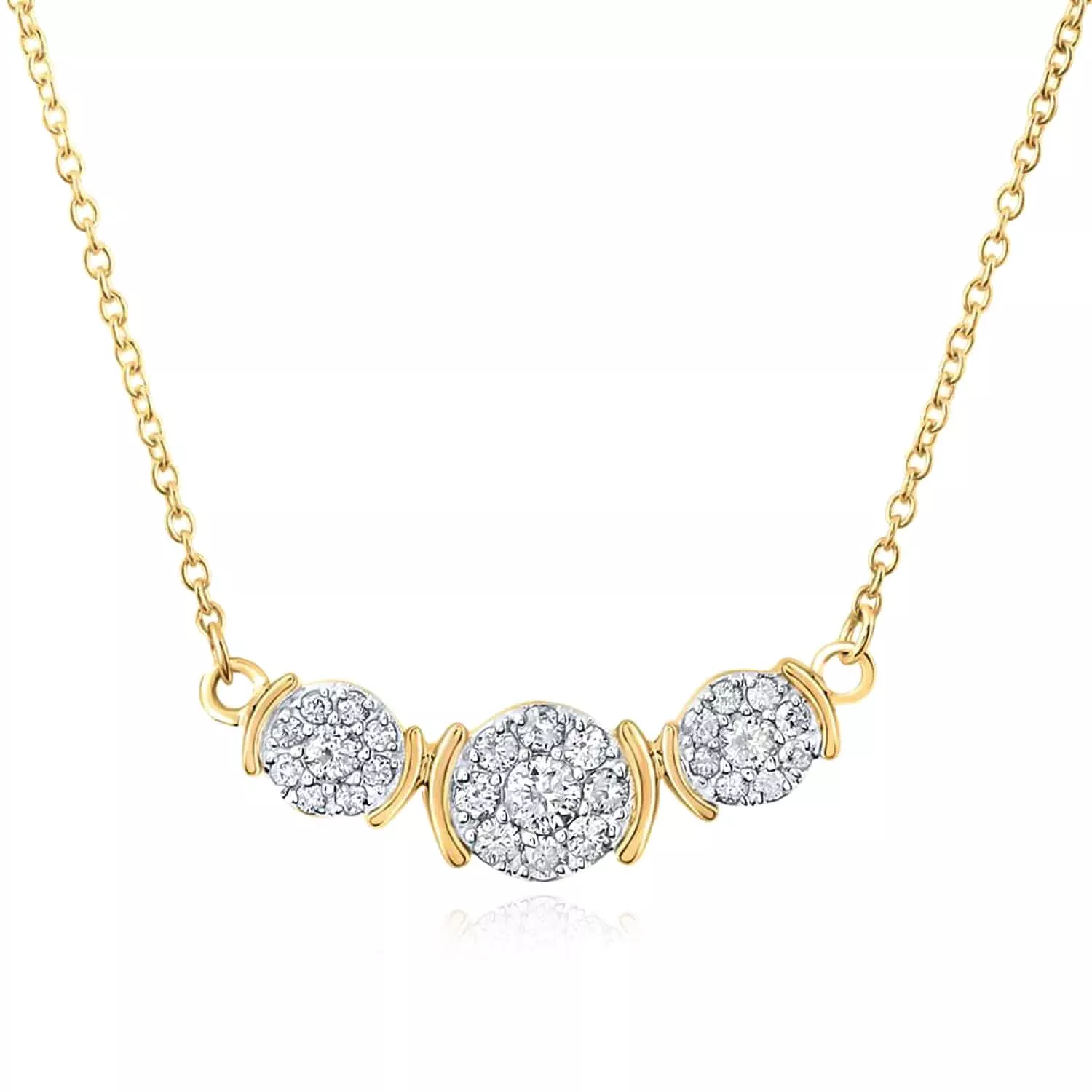 Natural Diamond 10K Yellow Gold Triple Diamond Cluster Necklace (Solid Links) 17.5"