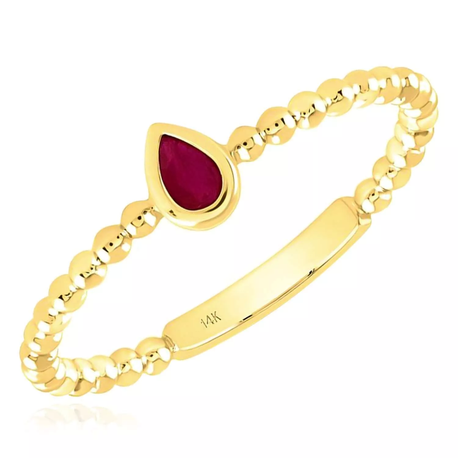 Natural Red Ruby Real 14K Gold Beaded Sideways Teardrop Stackable Band Ring