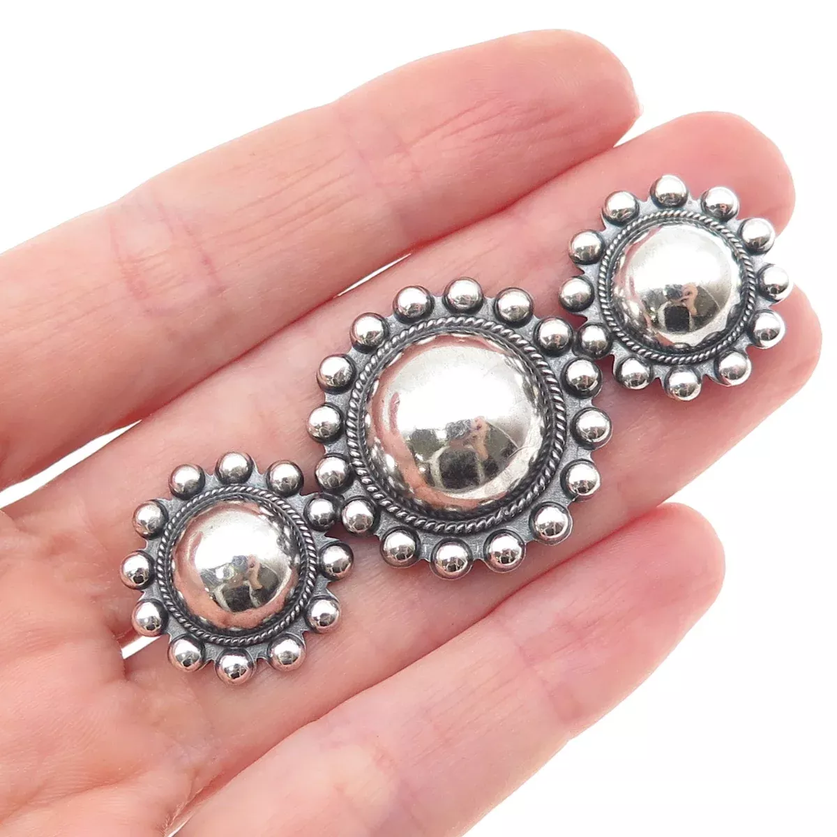 Old Pawn 925 Sterling Silver Vintage Southwestern Sun Beaded Oxidized Pin Brooch