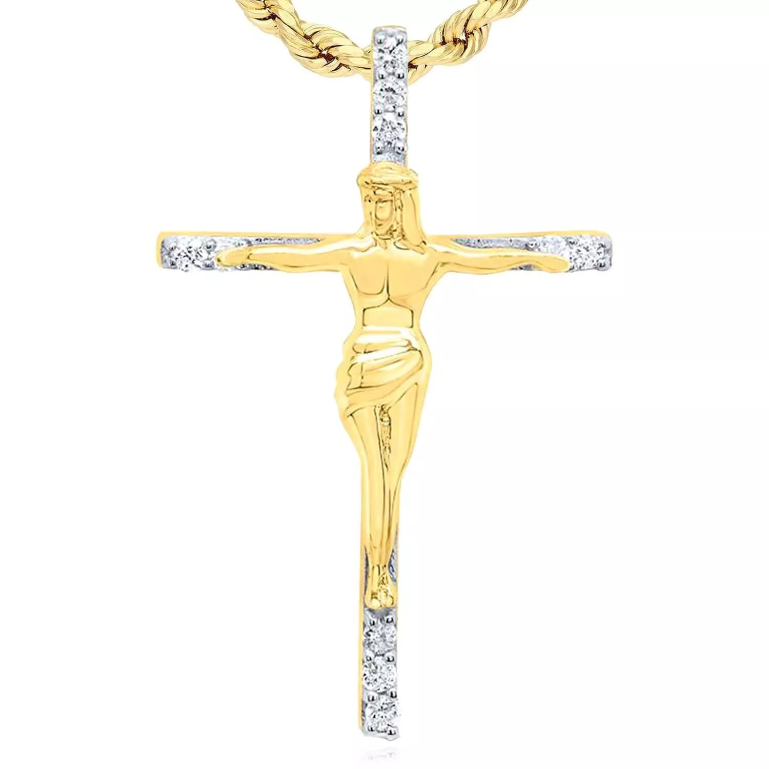 Real 10K Gold 0.10TCW Natural Diamond Jesus Cross Pendant 1"