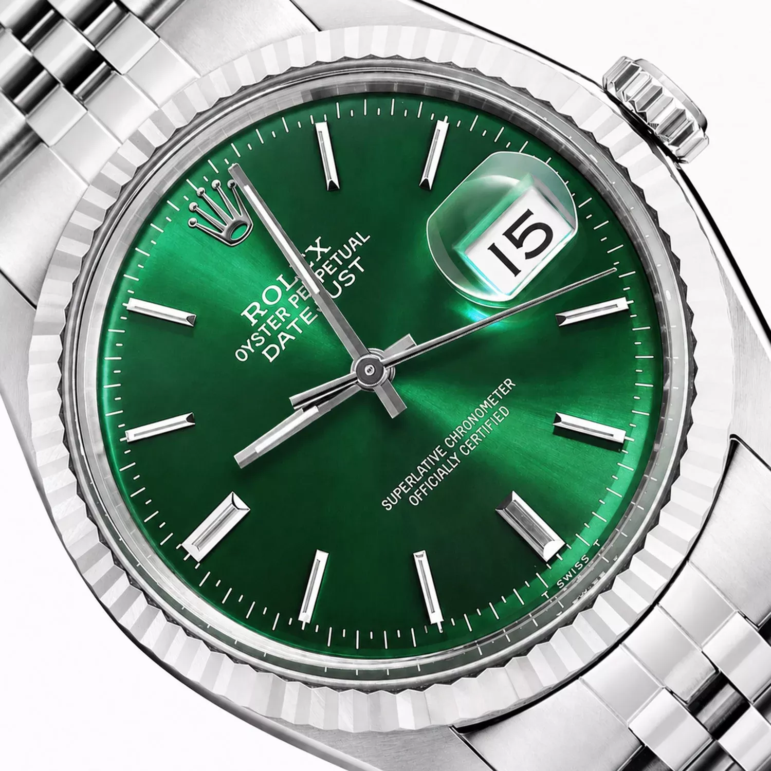 Rolex Datejust 16014 36mm Green Dial 18K White Gold Bezel Jubilee Watch