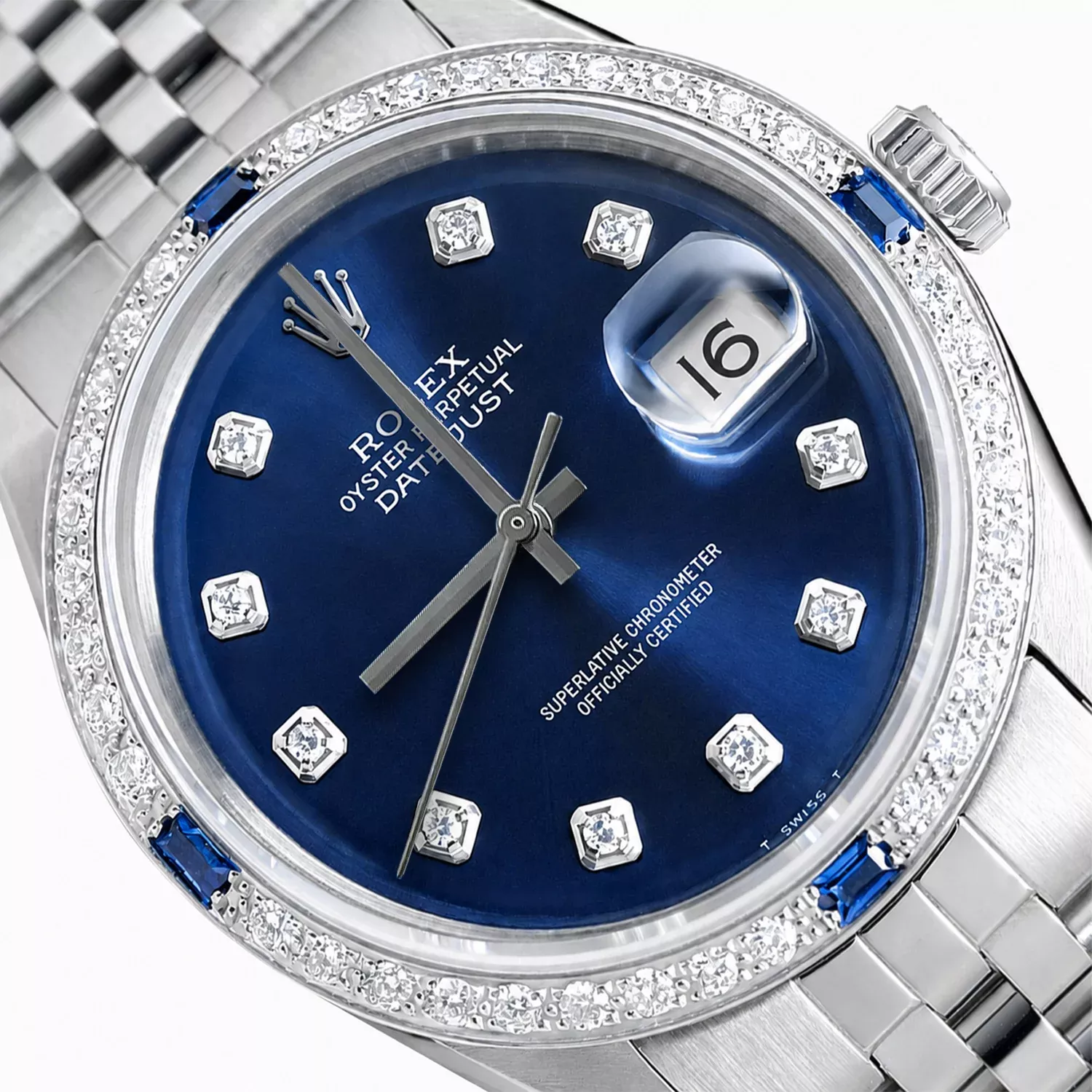 Rolex Datejust 1603 36mm Blue Dial 18K White Gold Diamond Sapphire Watch