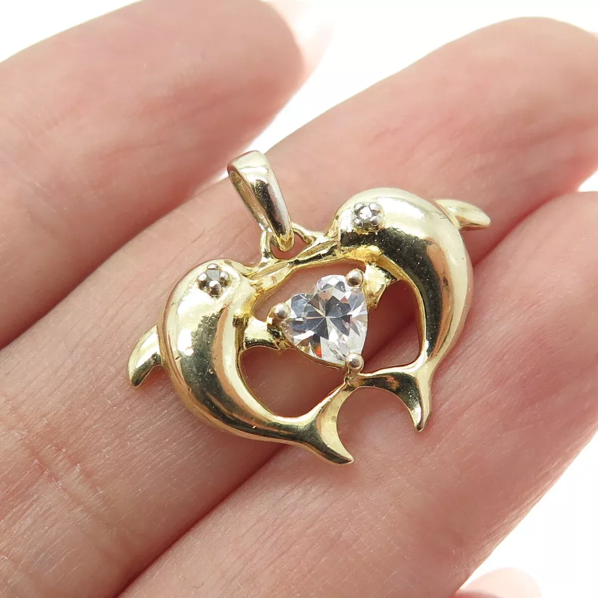 ROSS SIMONS 925 Sterling Gold Plated Diamond & C Z Couple of Dolphins Pendant
