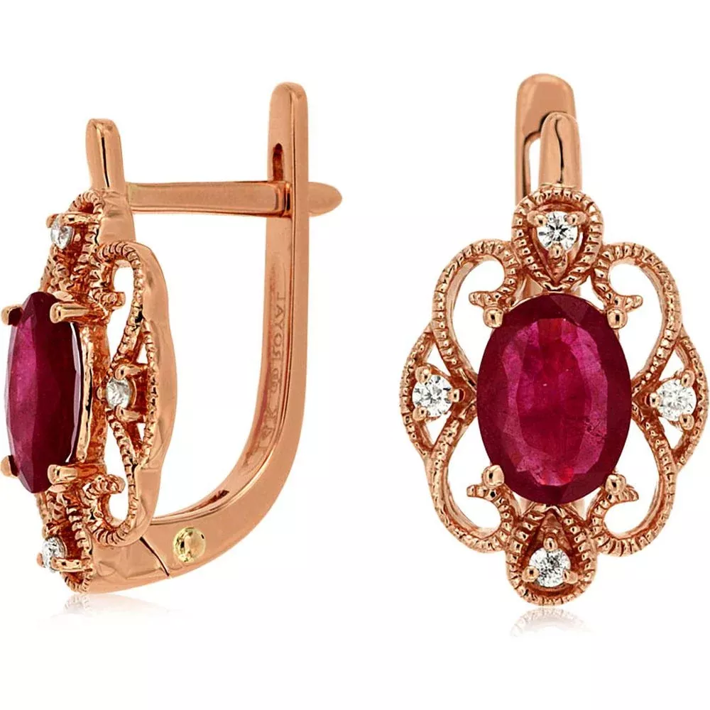 Royal 14K Rose Gold Ruby & Diamond Earrings - 1.80 Carat Ruby, 0.08 Carat Diamond