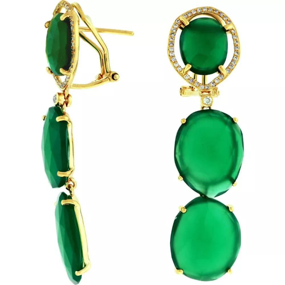 Royal 14K Yellow Gold Diamond and Green Agate Drop Earrings - Stunning Elegance