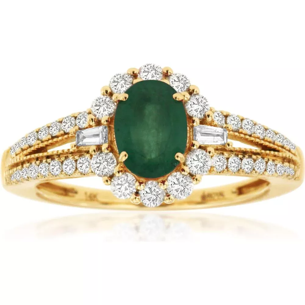 Royal Radiant 14K Yellow Gold Emerald and Diamond Oval Ring