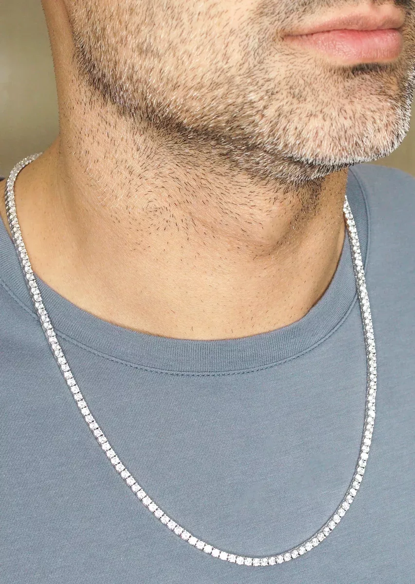 Silver Chain - Mens White Tennis Chain / Necklace - 3 MM