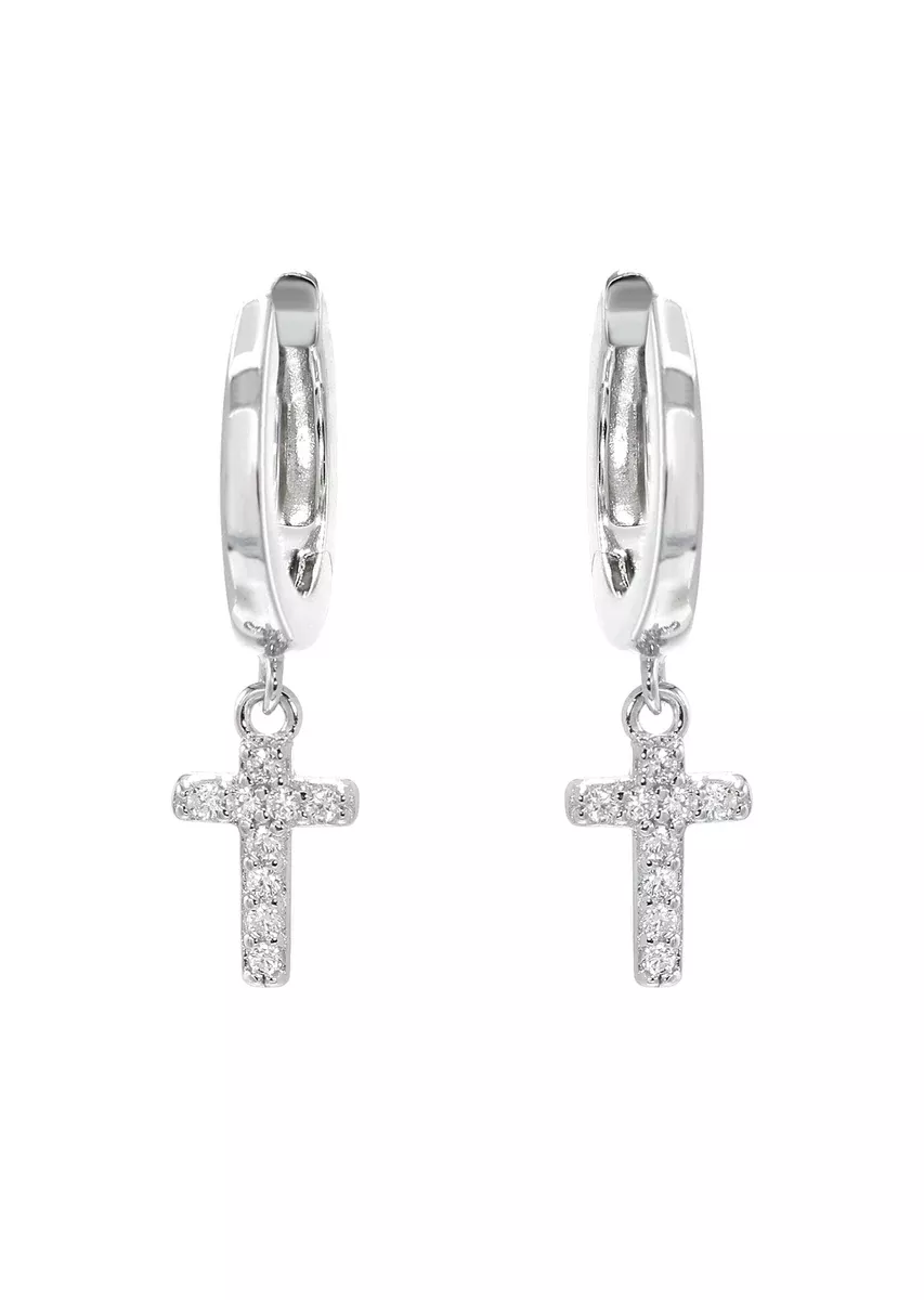 Silver CZ Hoop Cross Earring | Appx. 2 Grams