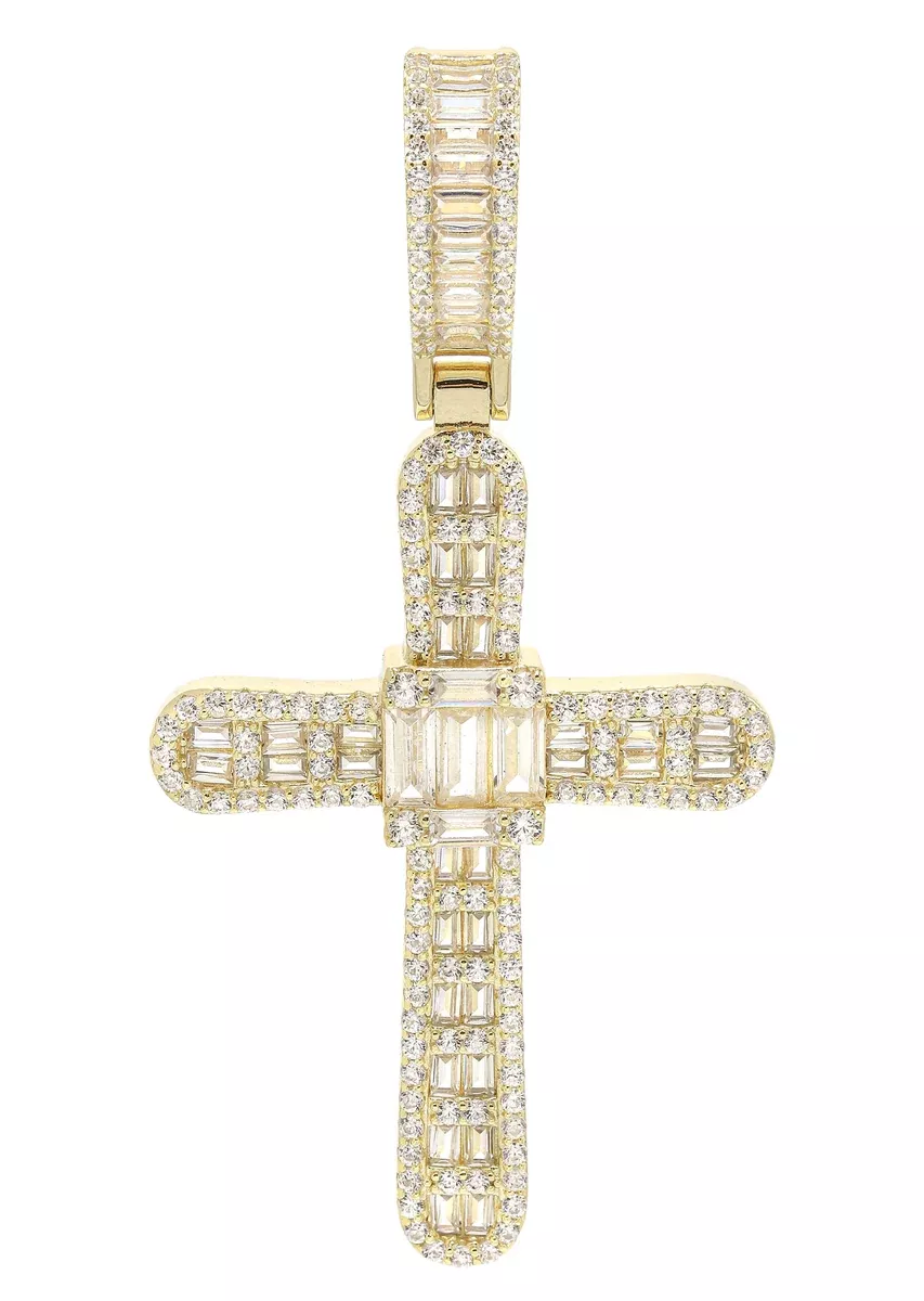Silver Pendant - Gold Cross Baguette Pendant | Appx 11 Grams