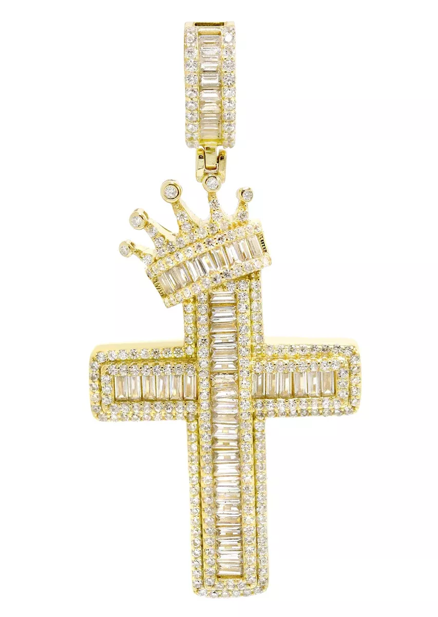 Silver Pendant - Gold Crown Cross Baguette Pendant | Appx 9.5 Grams