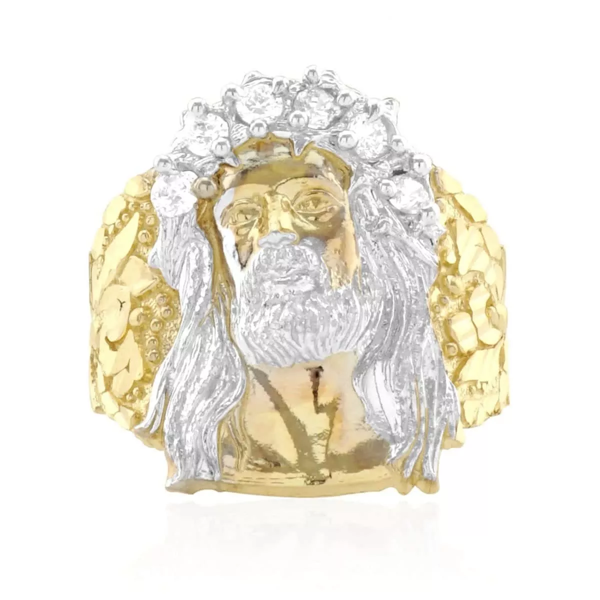 Solid 10K Gold Yellow CZ Jesus Head Face Men's Rings Size 7-12
