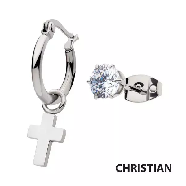 Steel Dangling Cross Hoop & Prong Set CZ Stud Mismatched Earrings