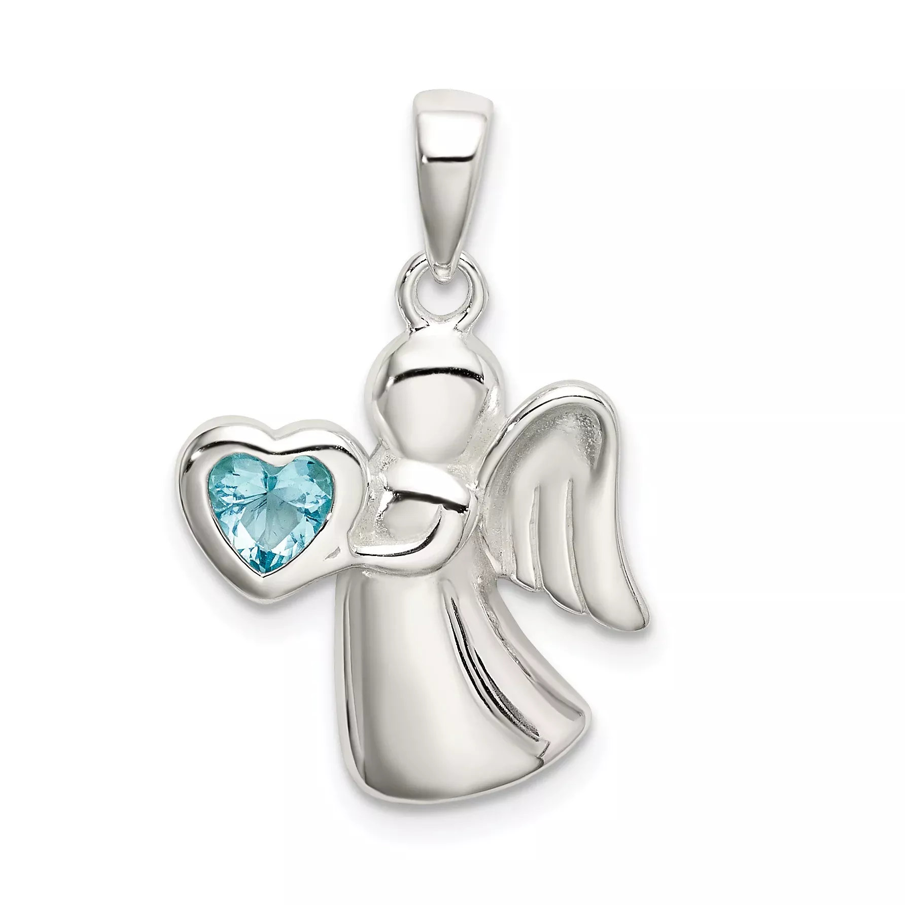 Sterling Silver 925 Angel Pendant with Light Blue Heart CZ
