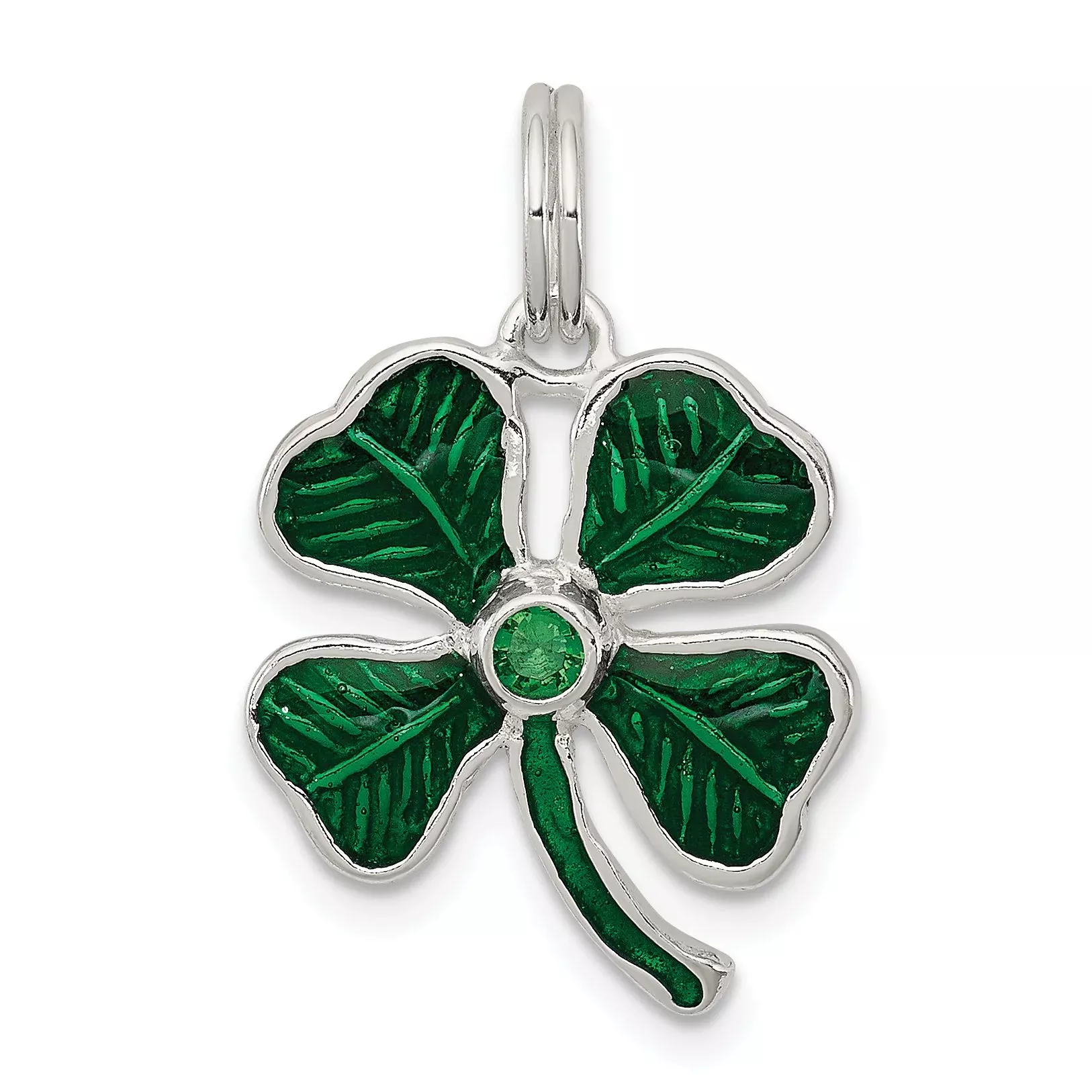 Sterling Silver 925 Clover Charm with Green Glass Accent