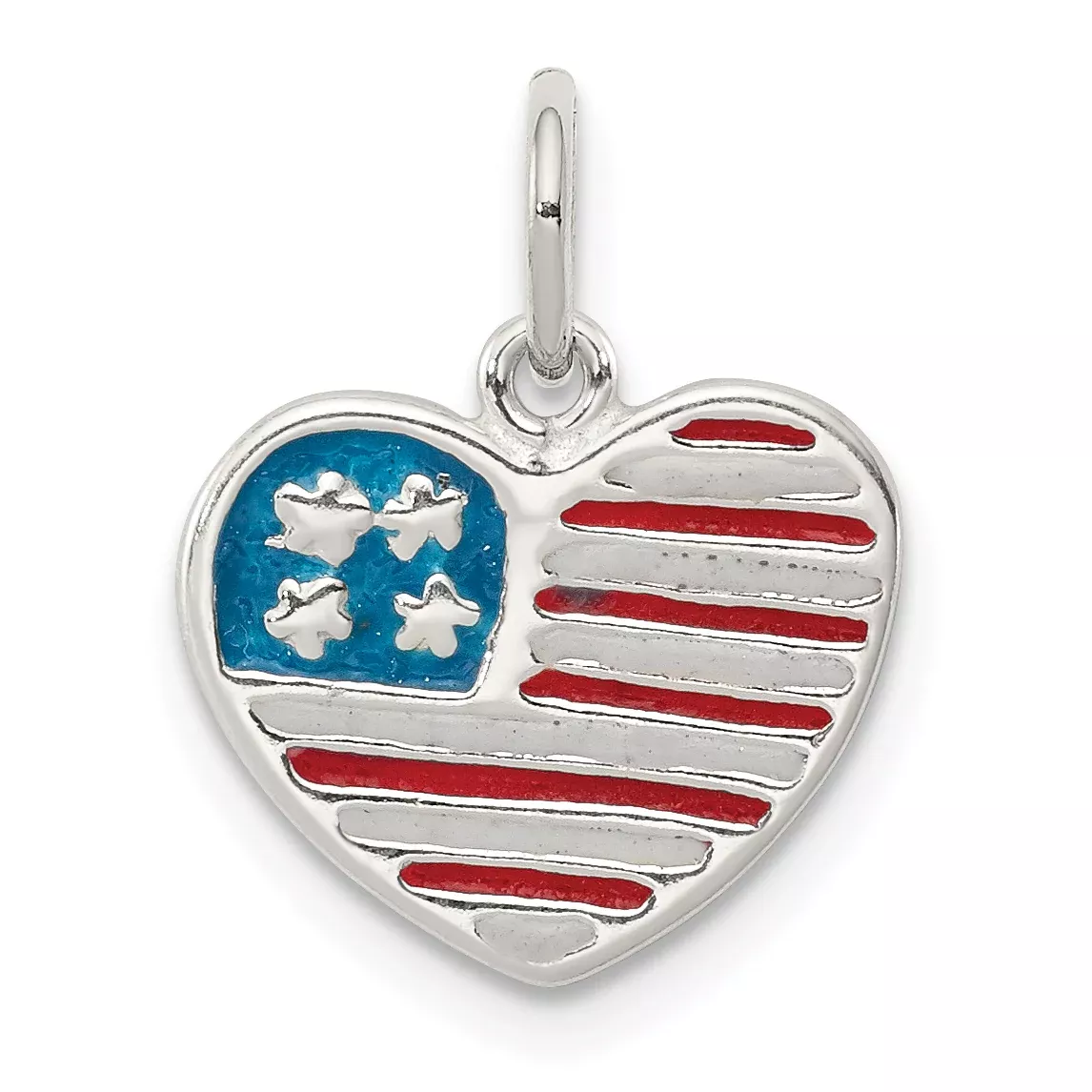 Sterling Silver American Flag Heart Pendant with Polished Enamel Finish