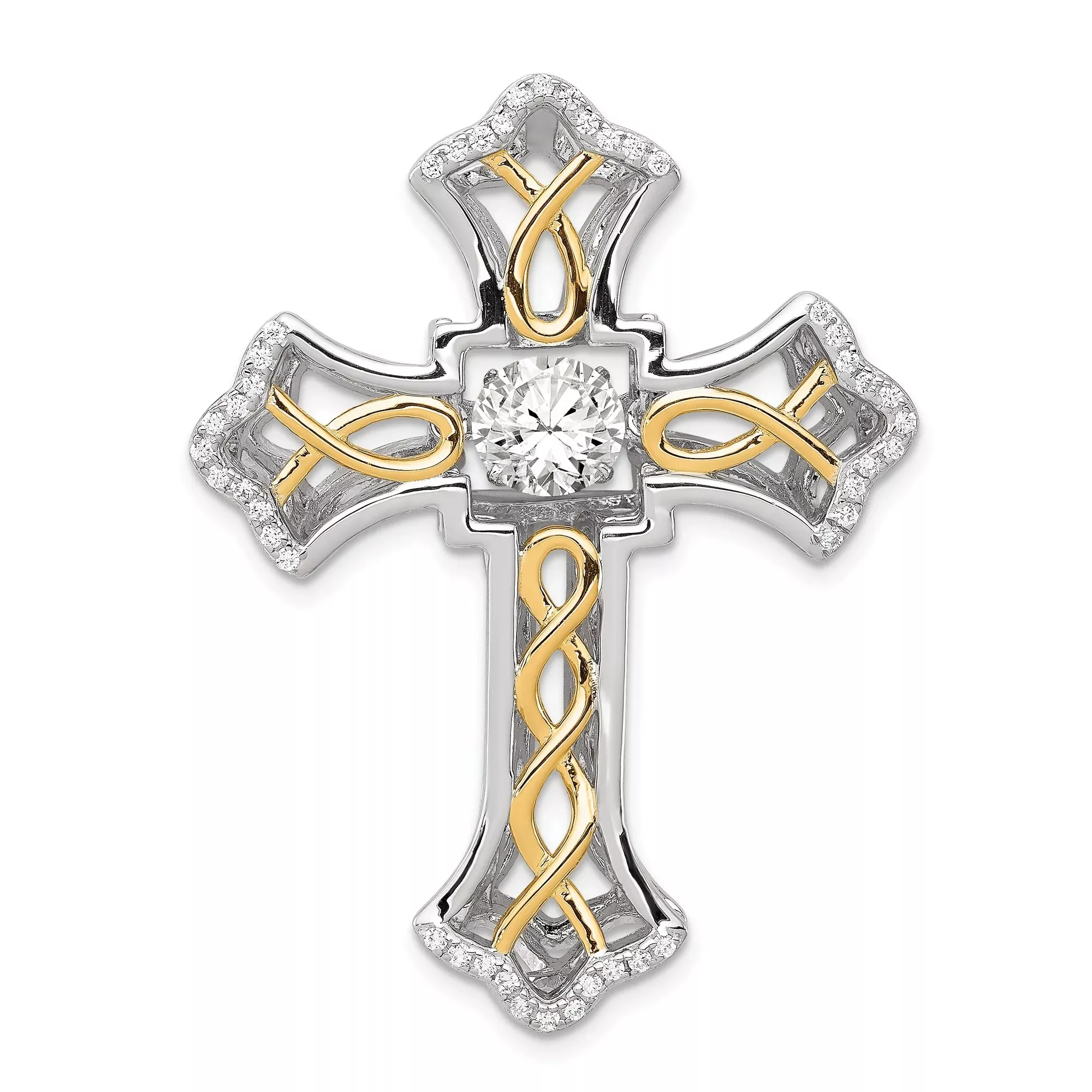 Sterling Silver Cross Pendant with Cubic Zirconia, Modern Stylized Dimensional Design