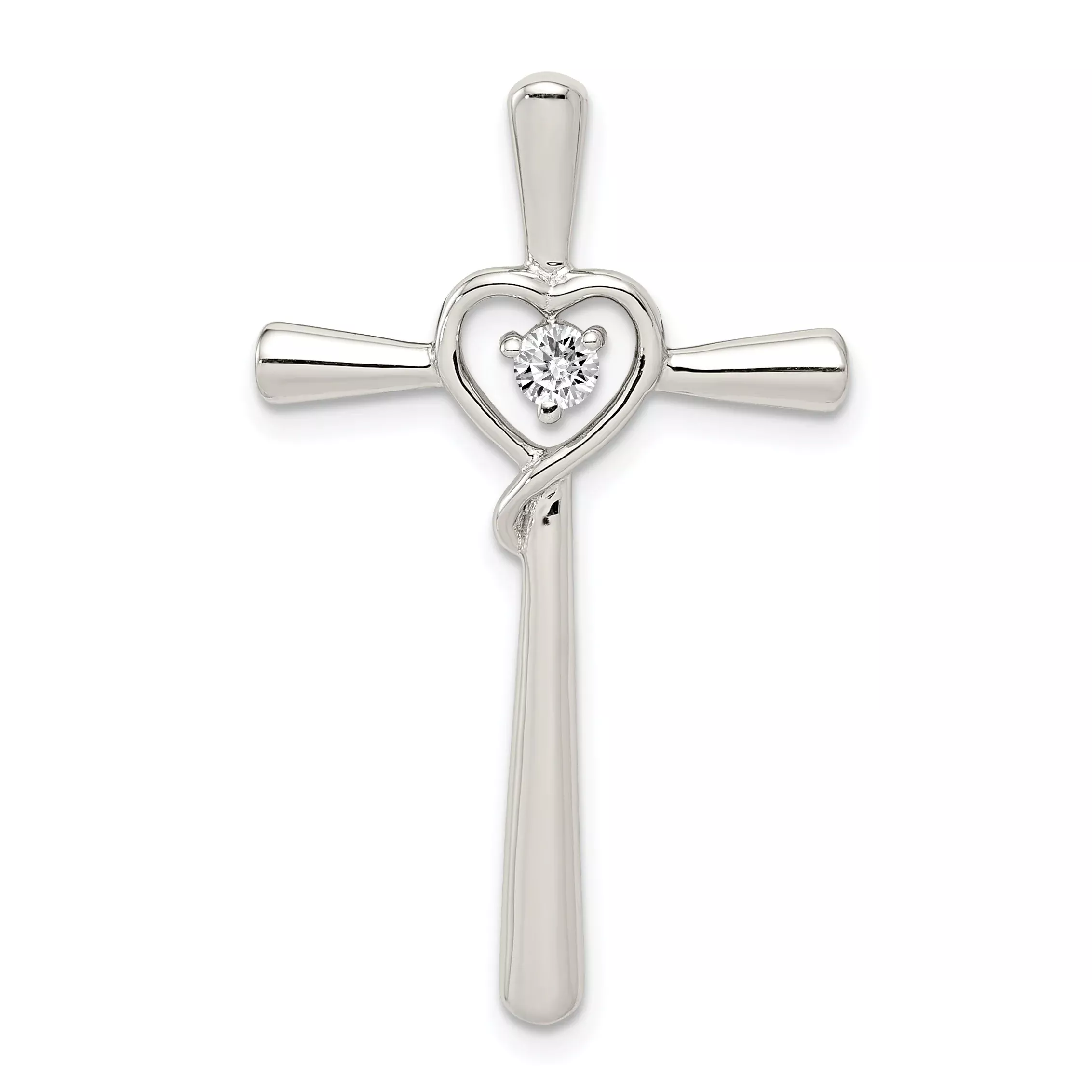 Sterling Silver CZ Heart Cross Pendant with Rhodium Elegance