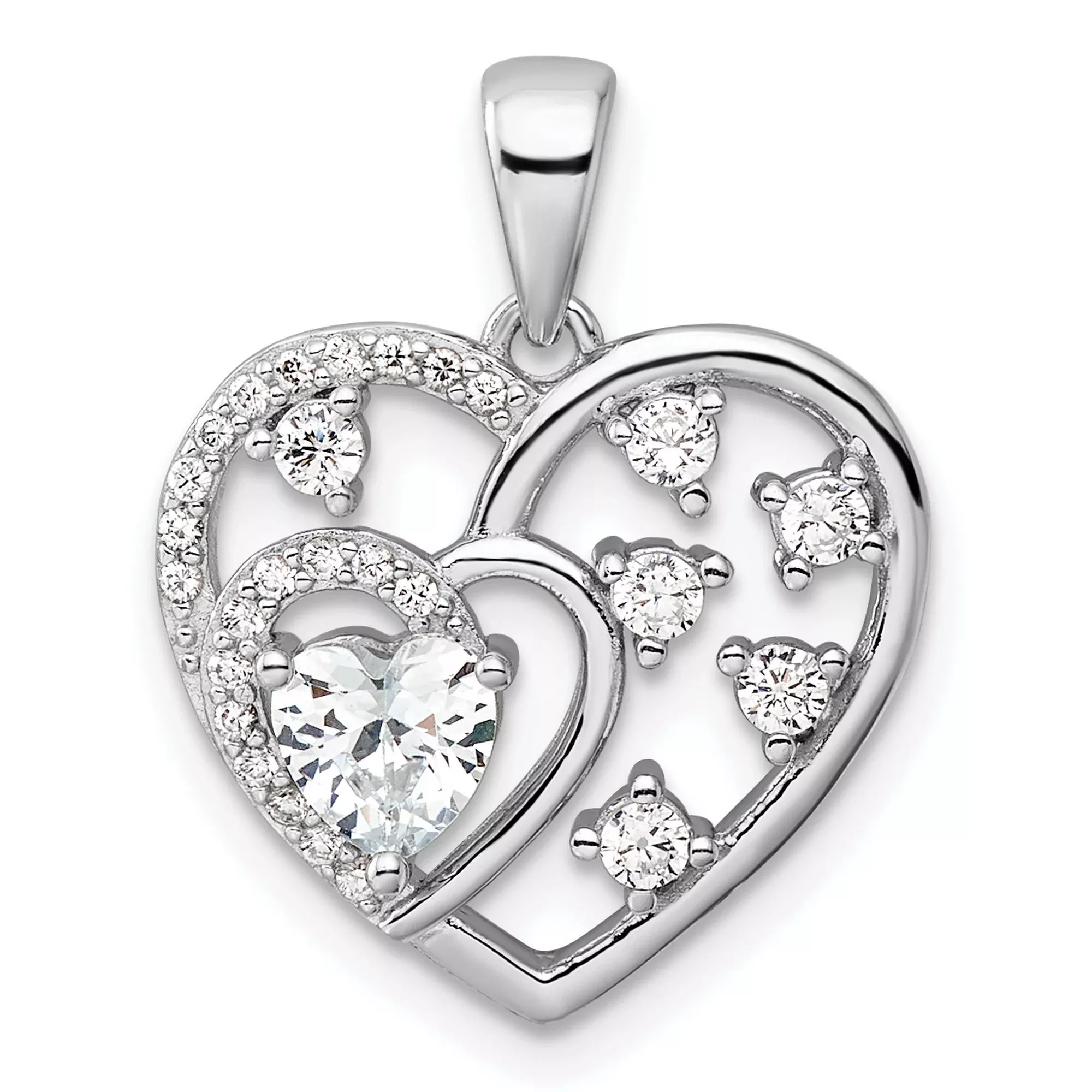 Sterling Silver Double Open Heart Pendant with Cubic Zirconia, Romantic Jewelry for Women