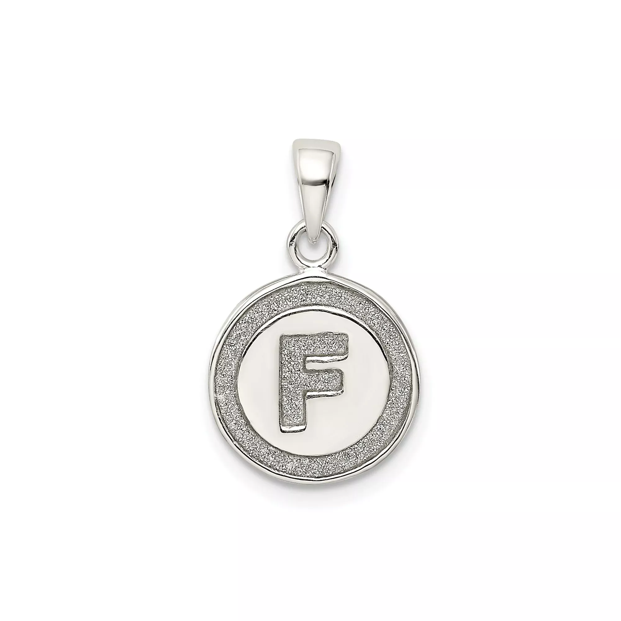 Sterling Silver Initial Pendant with Raised Letter F in Textured Circle Frame