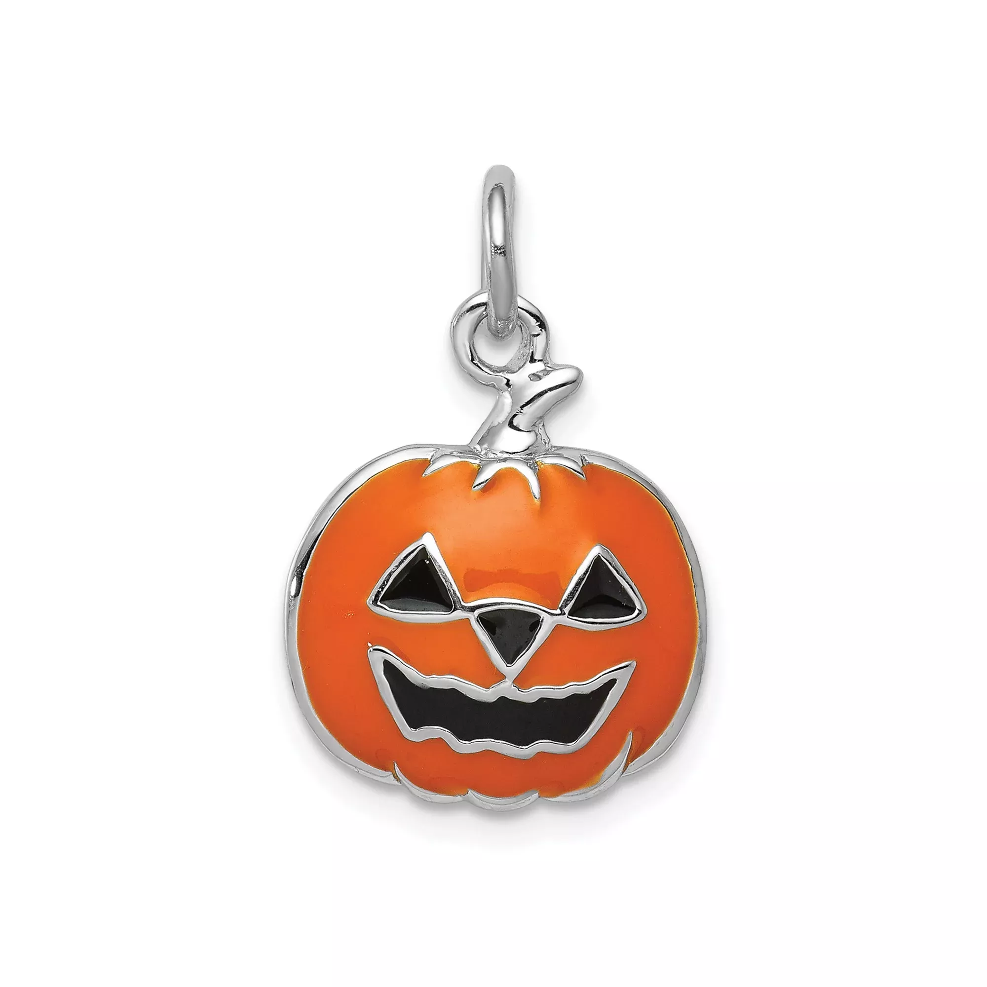Sterling Silver Pumpkin Charm Pendant with Orange Enamel Jack-o-Lantern Design