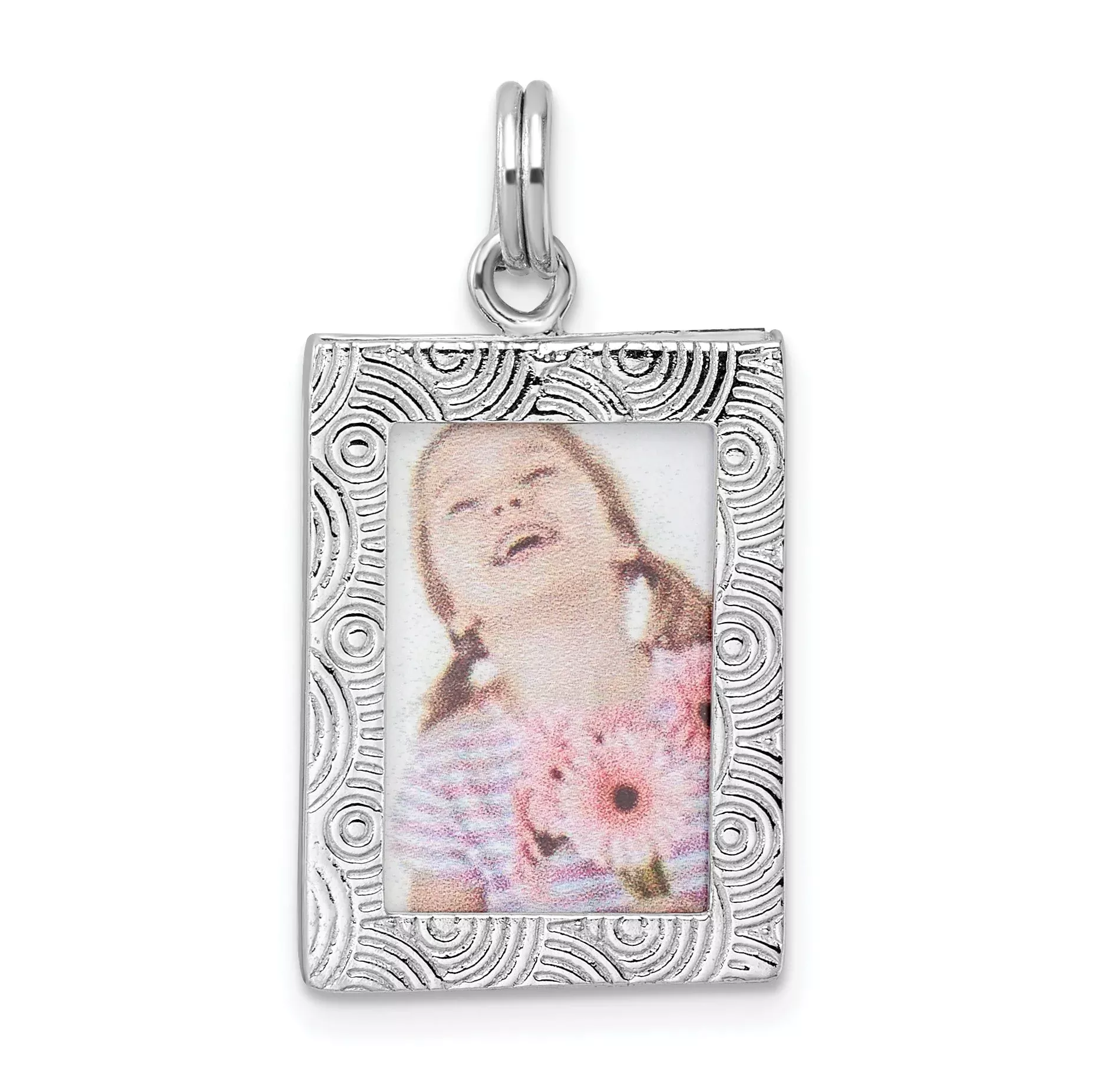 Sterling Silver Rhodium-Plated Textured Photo Frame Charm for Women