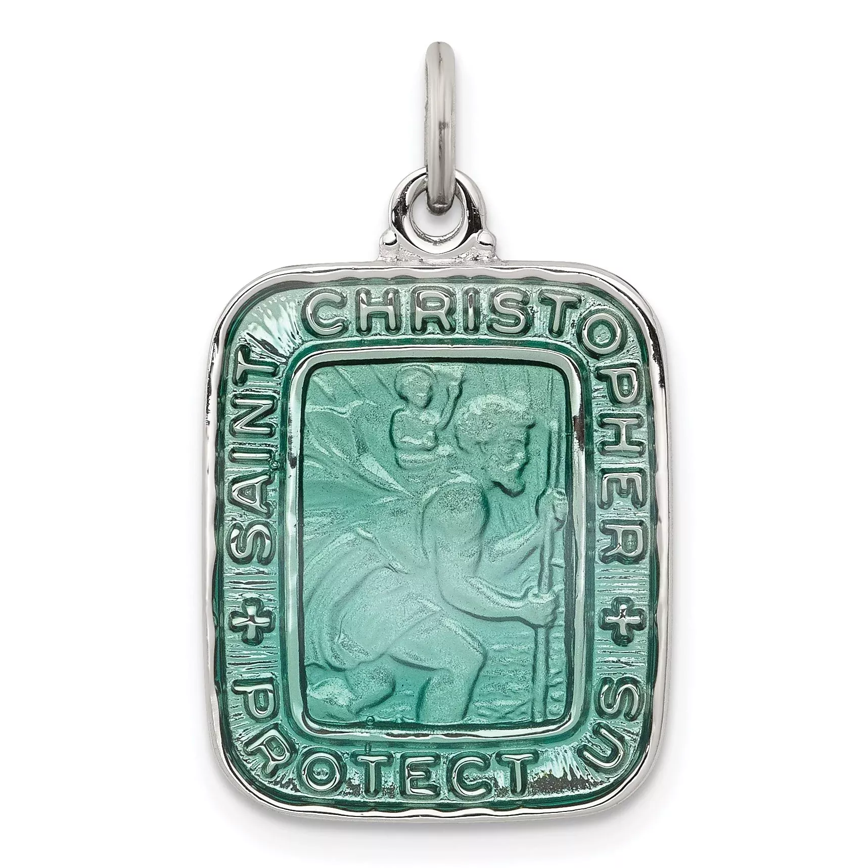 Sterling Silver St. Christopher Pendant with Teal Enamel and Platinum Finish