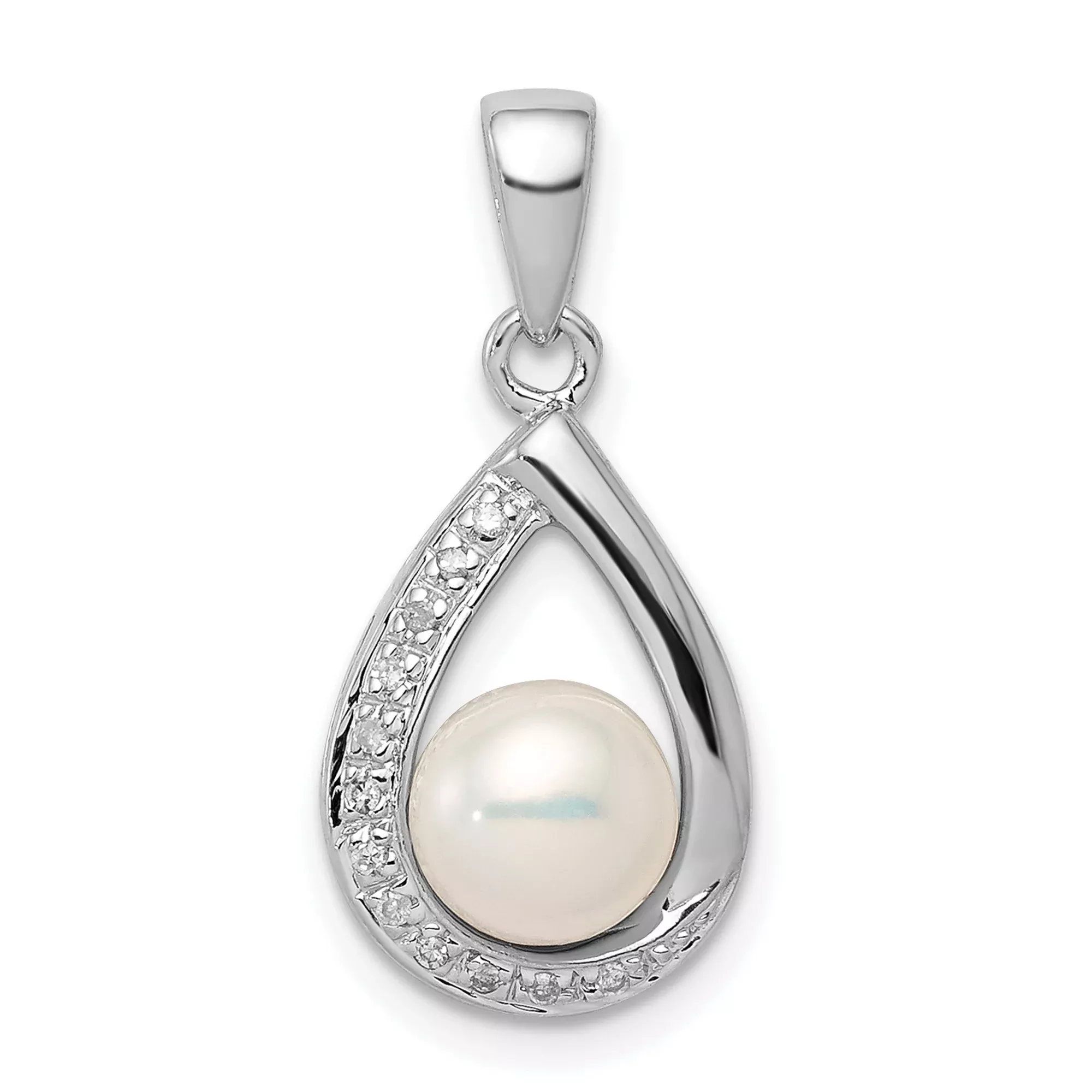 Sterling Silver Teardrop Pendant with White Pearl and Diamonds Accents