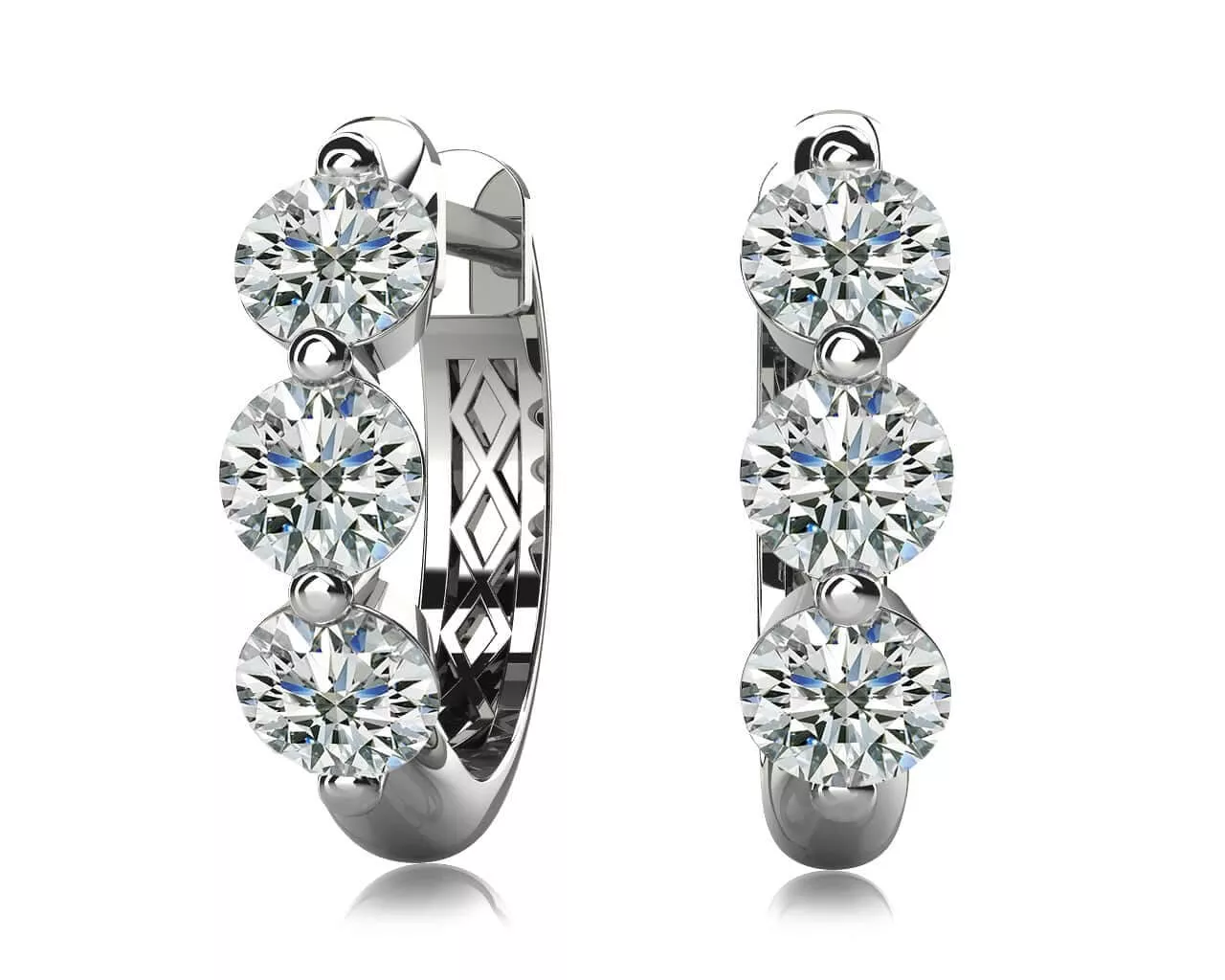 Three Stone Diamond Hoop Earrings 0.54 Carat Total Weight