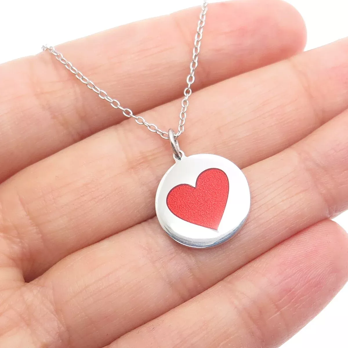 TOKEMOTI 925 Sterling Silver Red Enamel Heart Cable Chain Necklace 18