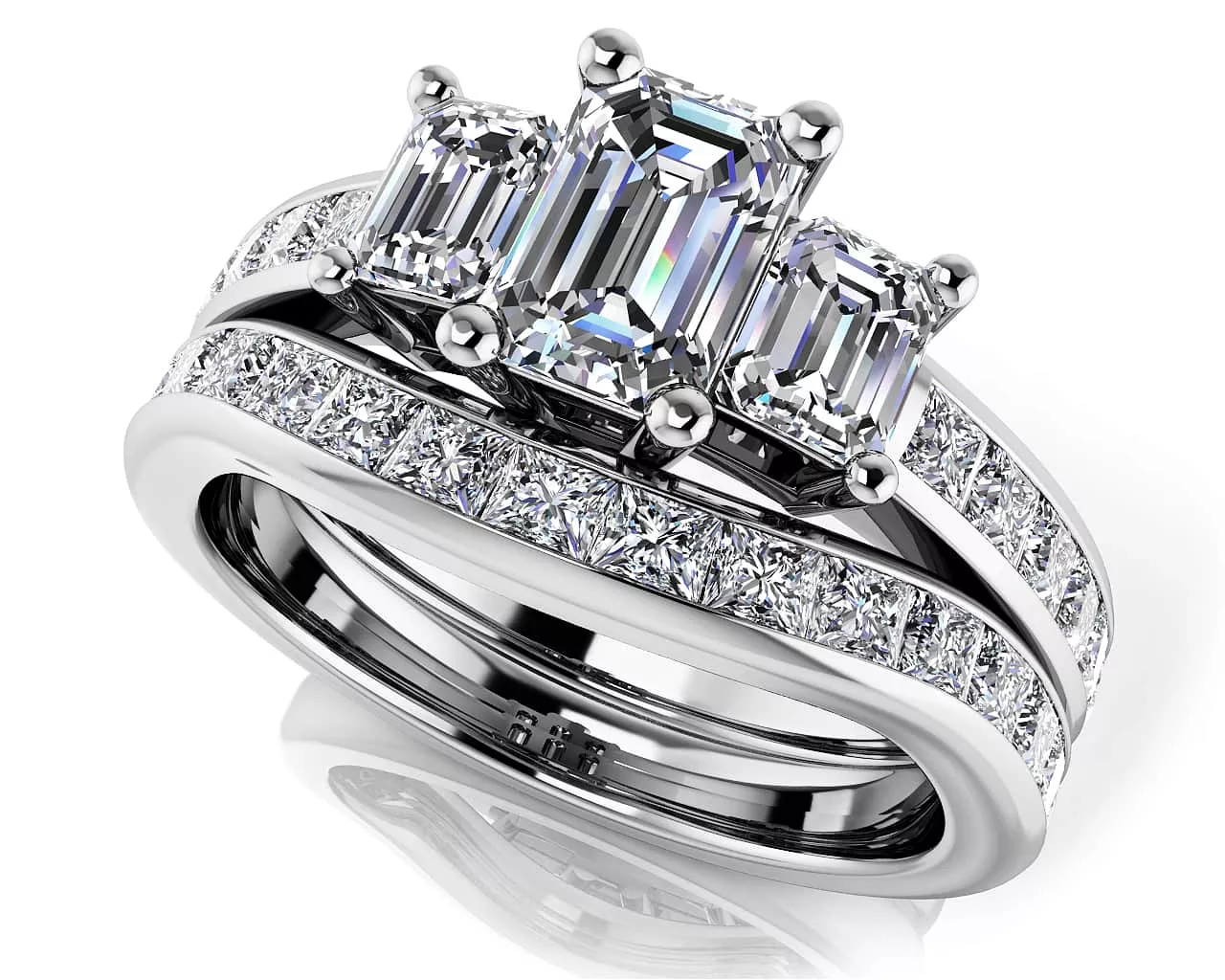 Vibrant Love Emerald Cut Three Stone Bridal Set Ring 1.91 Carat Total Weight