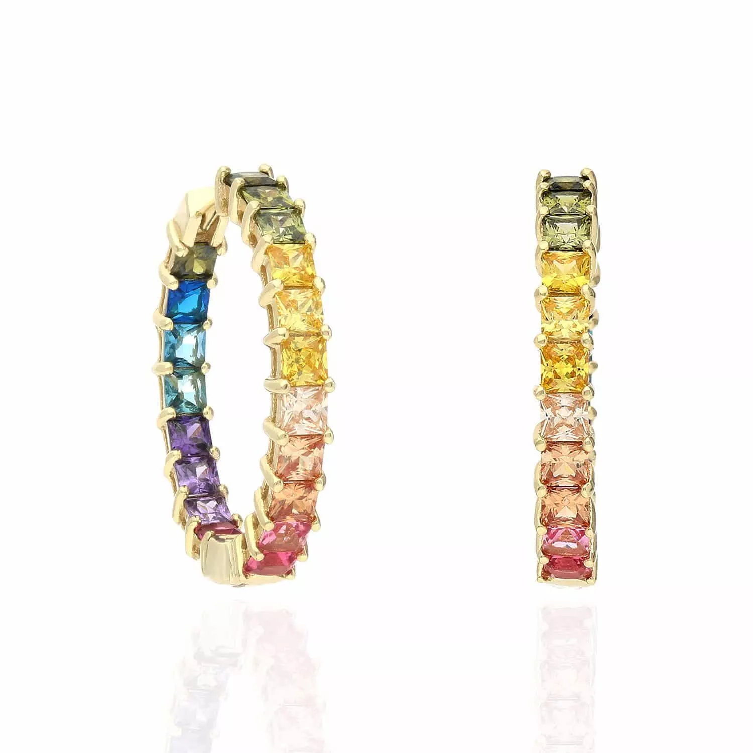 Yellow Gold Over 925 Silver Princess-Cut Rainbow Colorful Hoop Earrings 28mm