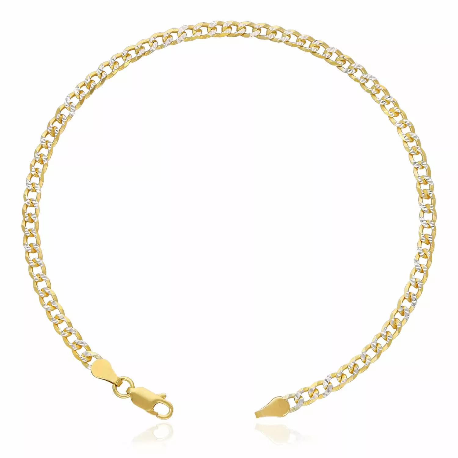 Yellow Gold Over Silver 3.6mm Diamond-Cut Pave Curb Bracelet (Solid Links) 7"-9"