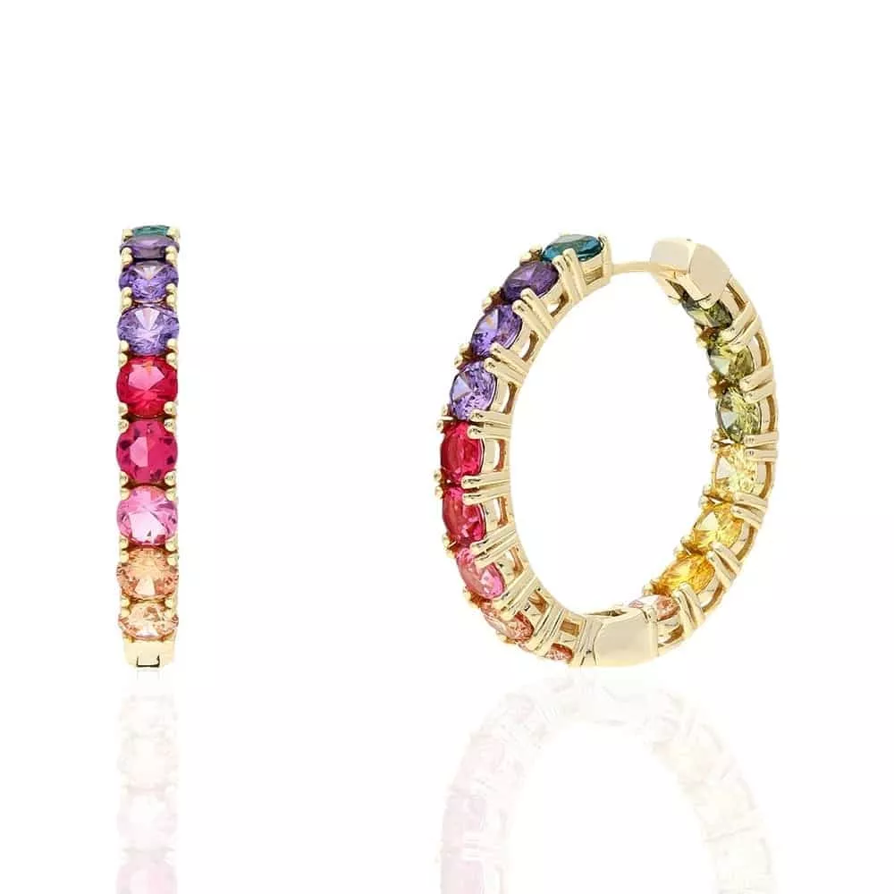 Yellow Gold Over Silver Multicolor Rainbow CZ Hoop Earrings 1.2"