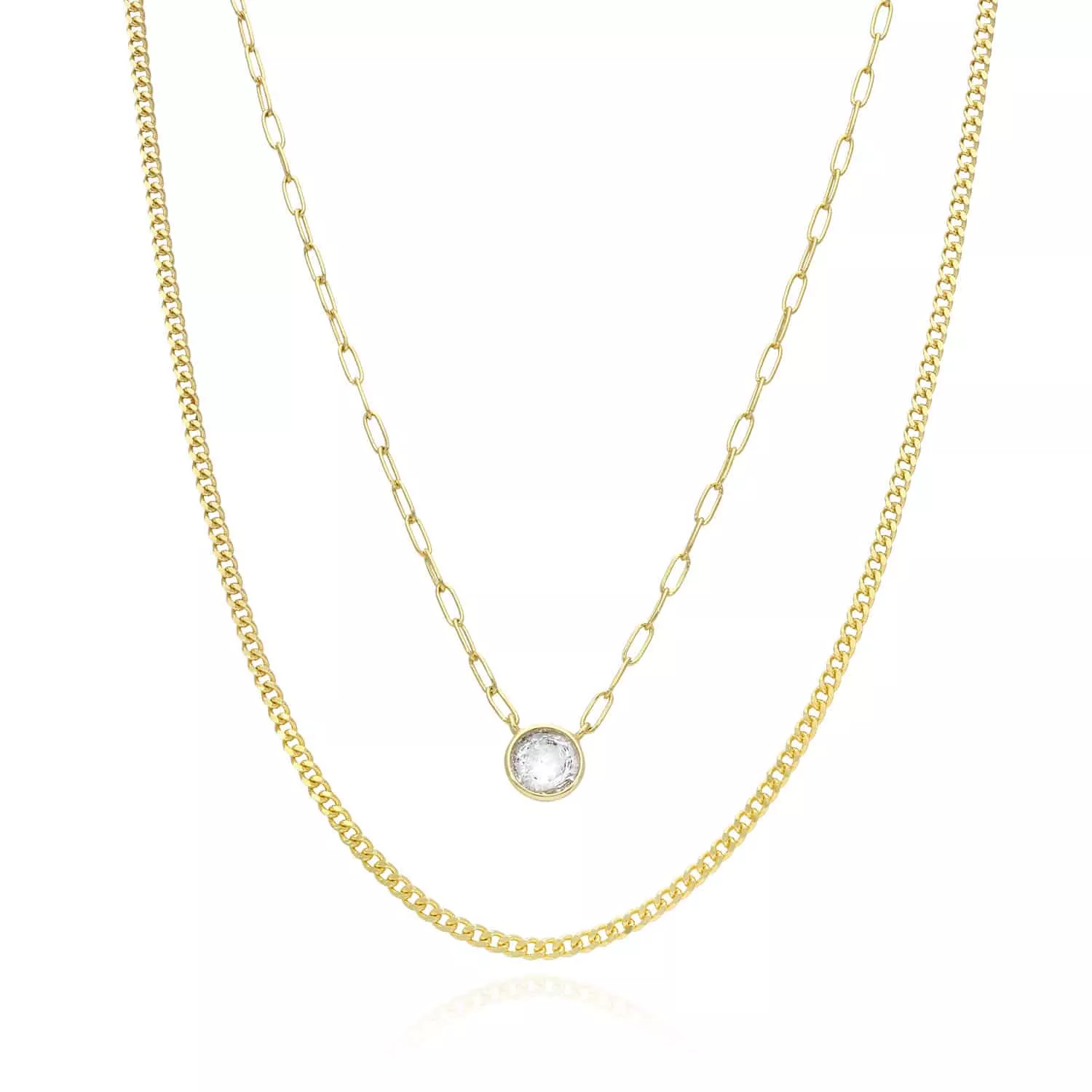 Yellow Gold Over Silver Paperclip Cuban CZ Round Layer Necklace (Solid Links) 16"-18" Adjustable