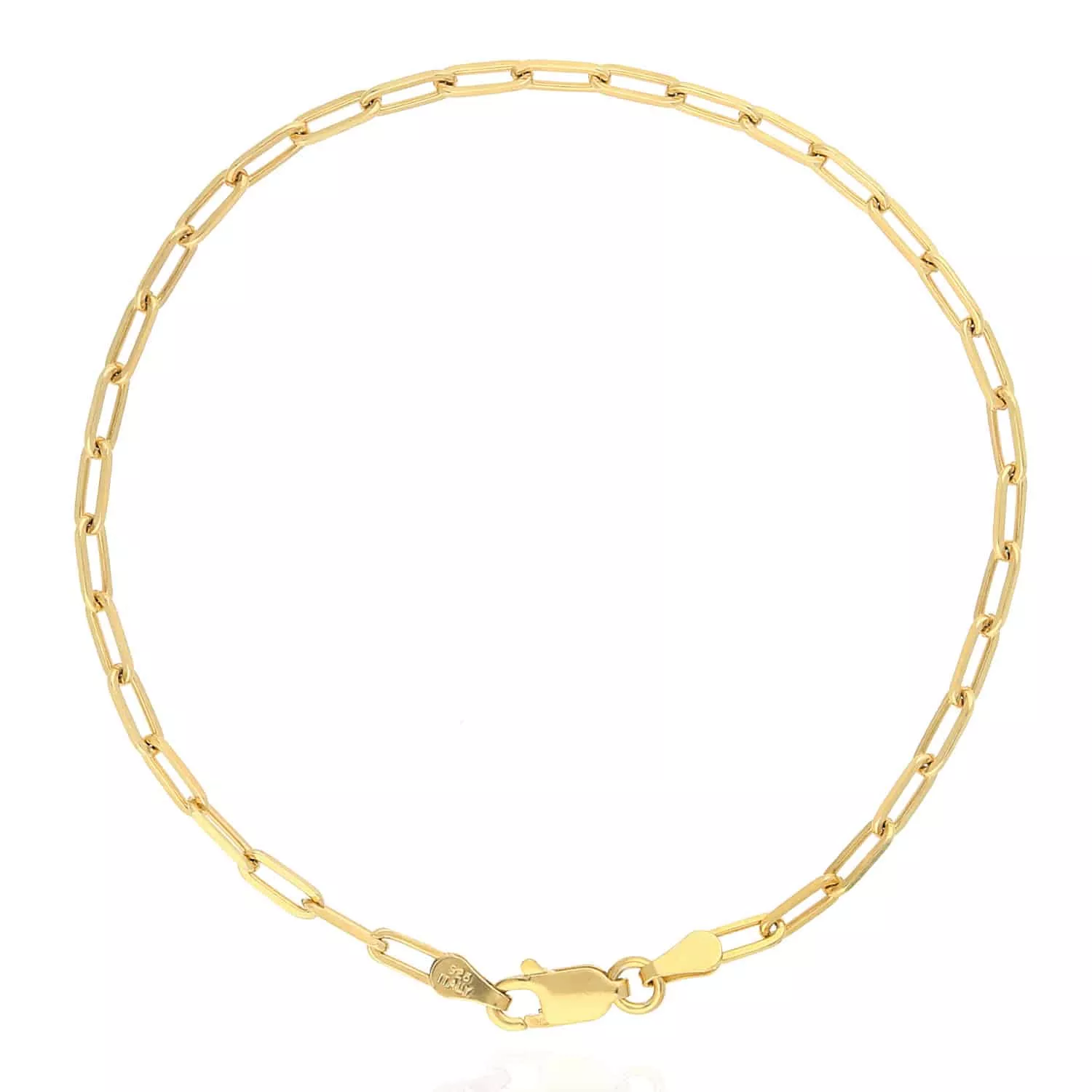 Yellow Gold Over Sterling Silver 2.5mm Elongated Paperclip Bracelet (Solid Links) 7"-8"