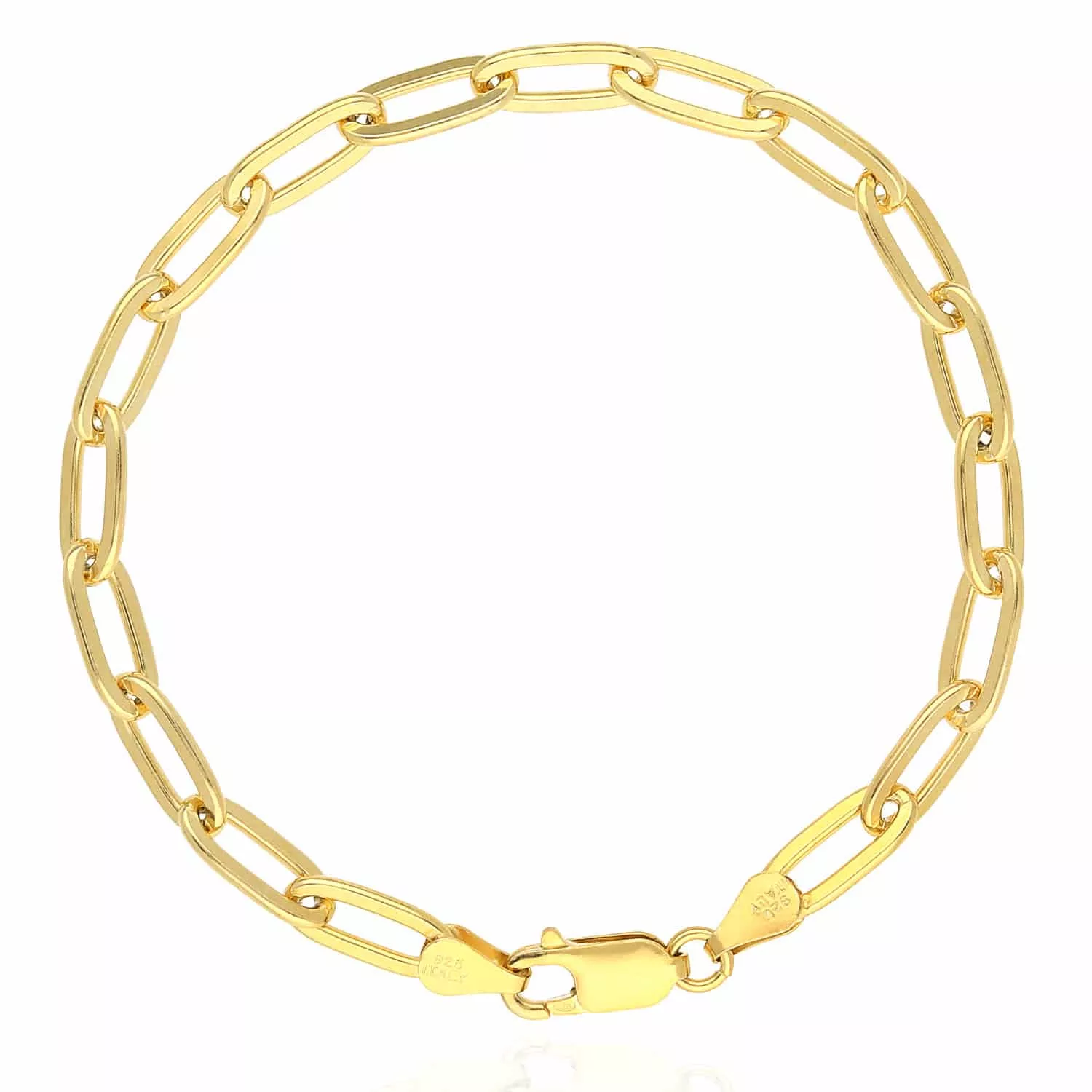 Yellow Gold Over Sterling Silver 6mm Elongated Paperclip Bracelet (Solid Links) 7"-8"