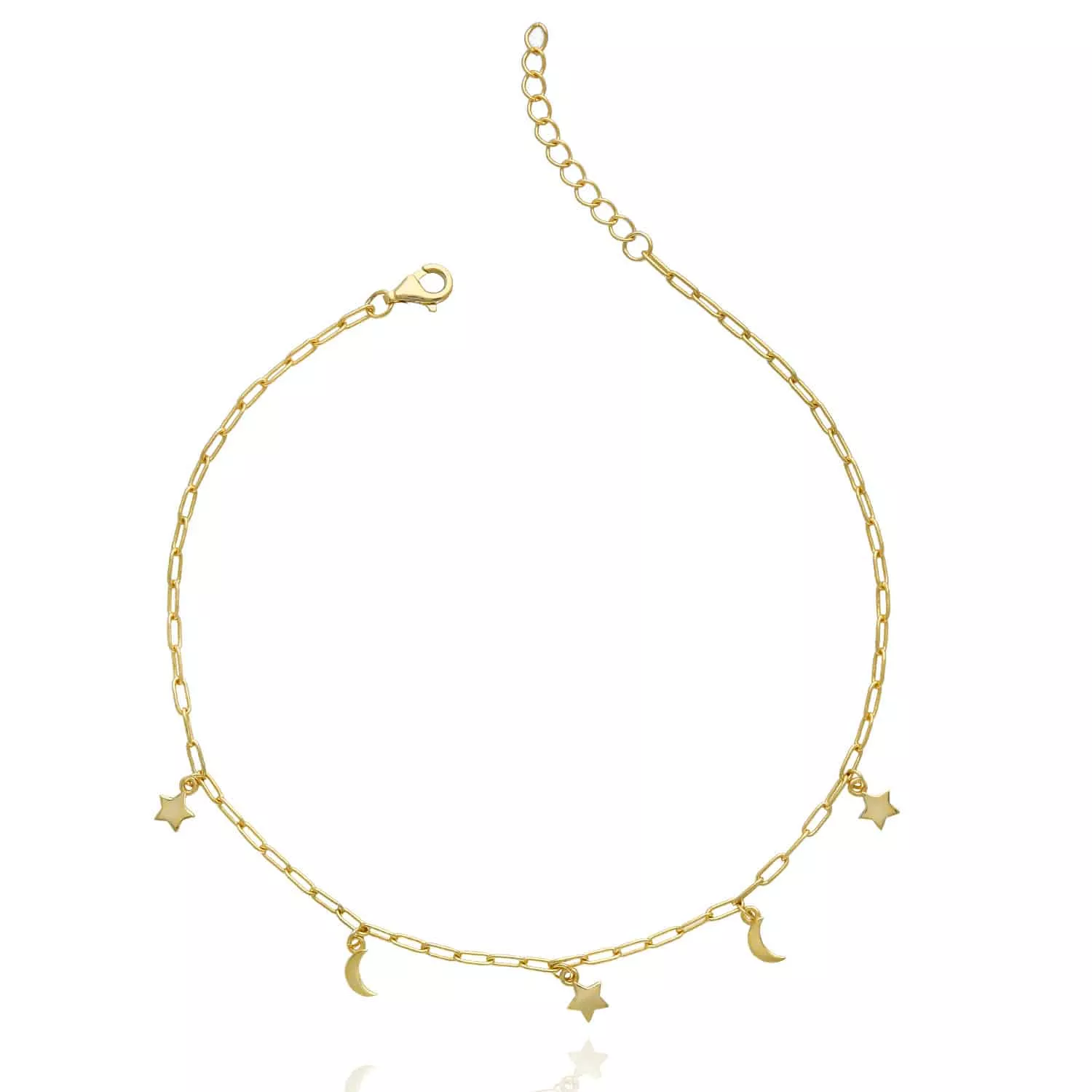 Yellow Gold Over Sterling Silver Moon Star Charms Anklet (Solid Links) 9"-10" Adjustable