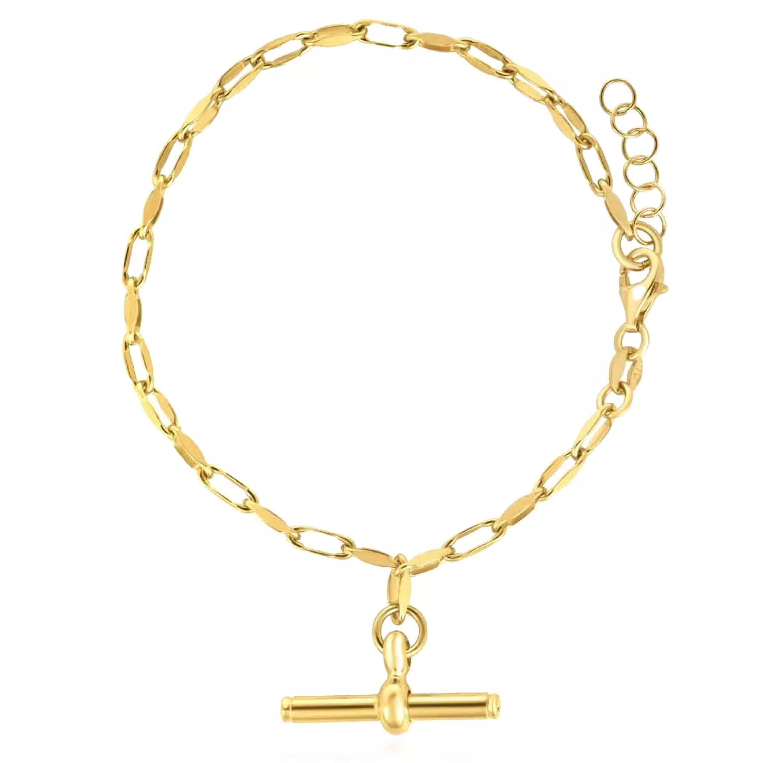 Yellow Gold Over Sterling Silver Toggle T-Bar Charm Paperclip Bracelet (Solid Links) 7.25"-8" Adjustable
