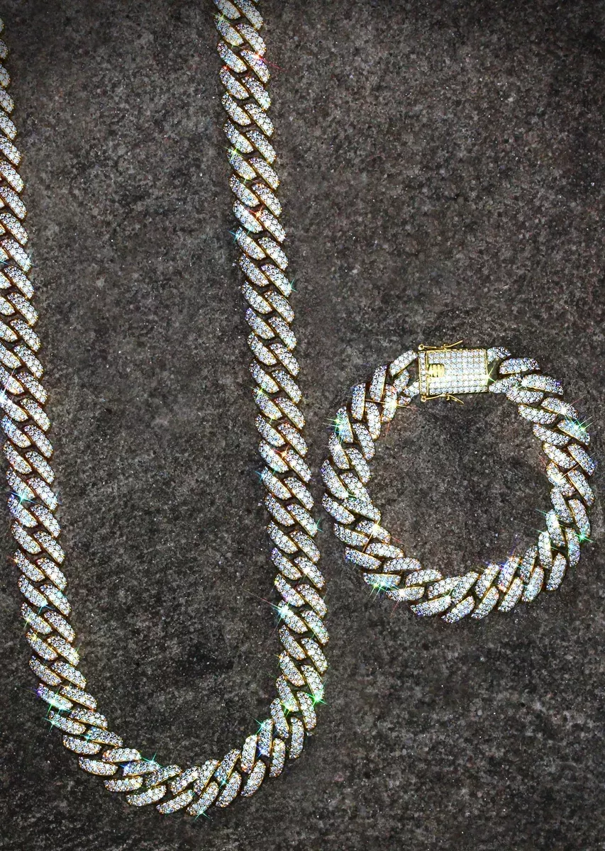 Yellow Gold Plated Iced Out Miami Cuban Link Chain & Bracelet