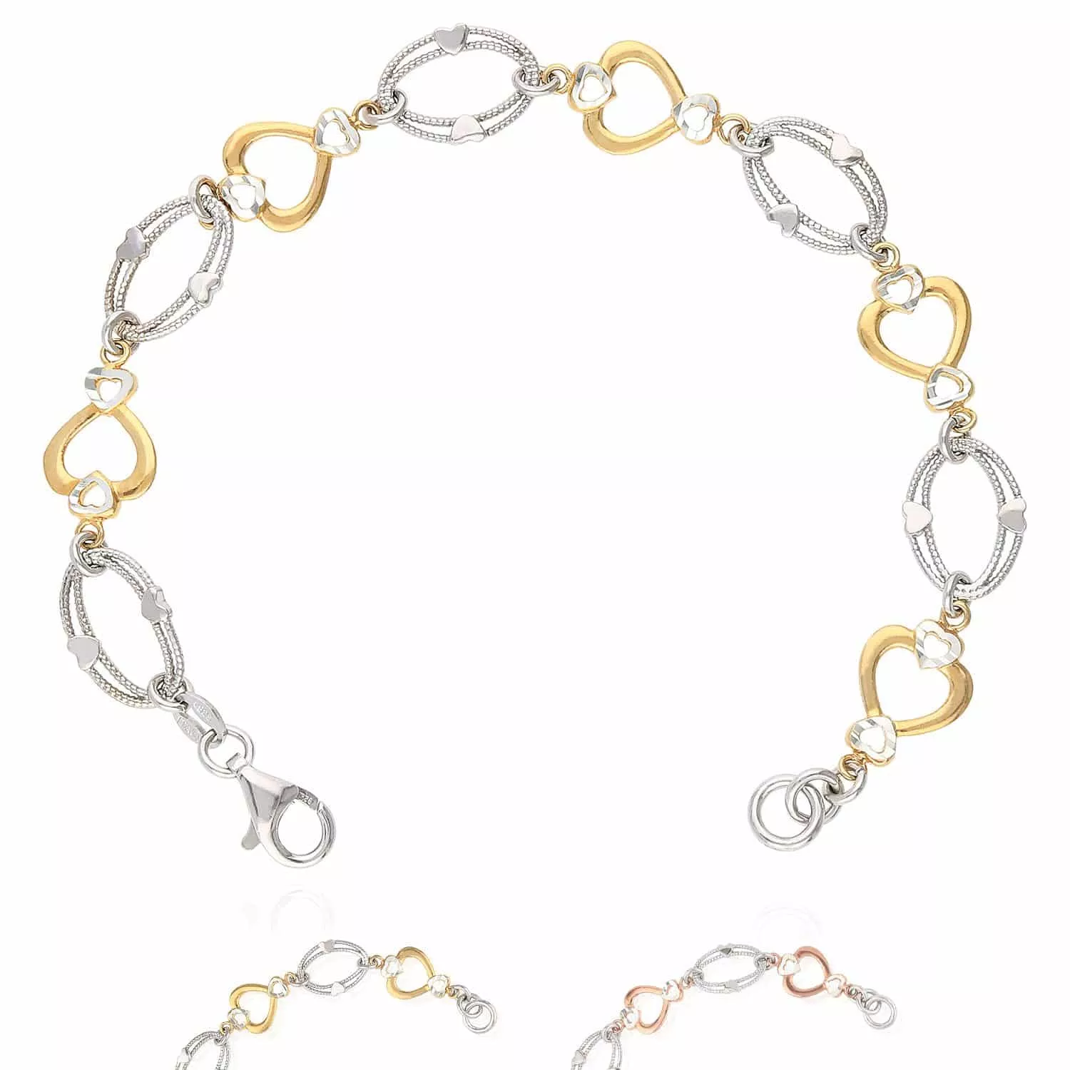 Yellow Rose Gold Two-Tone Over Sterling Silver Heart and Oval Bracelet (Solid Links) 7.25"