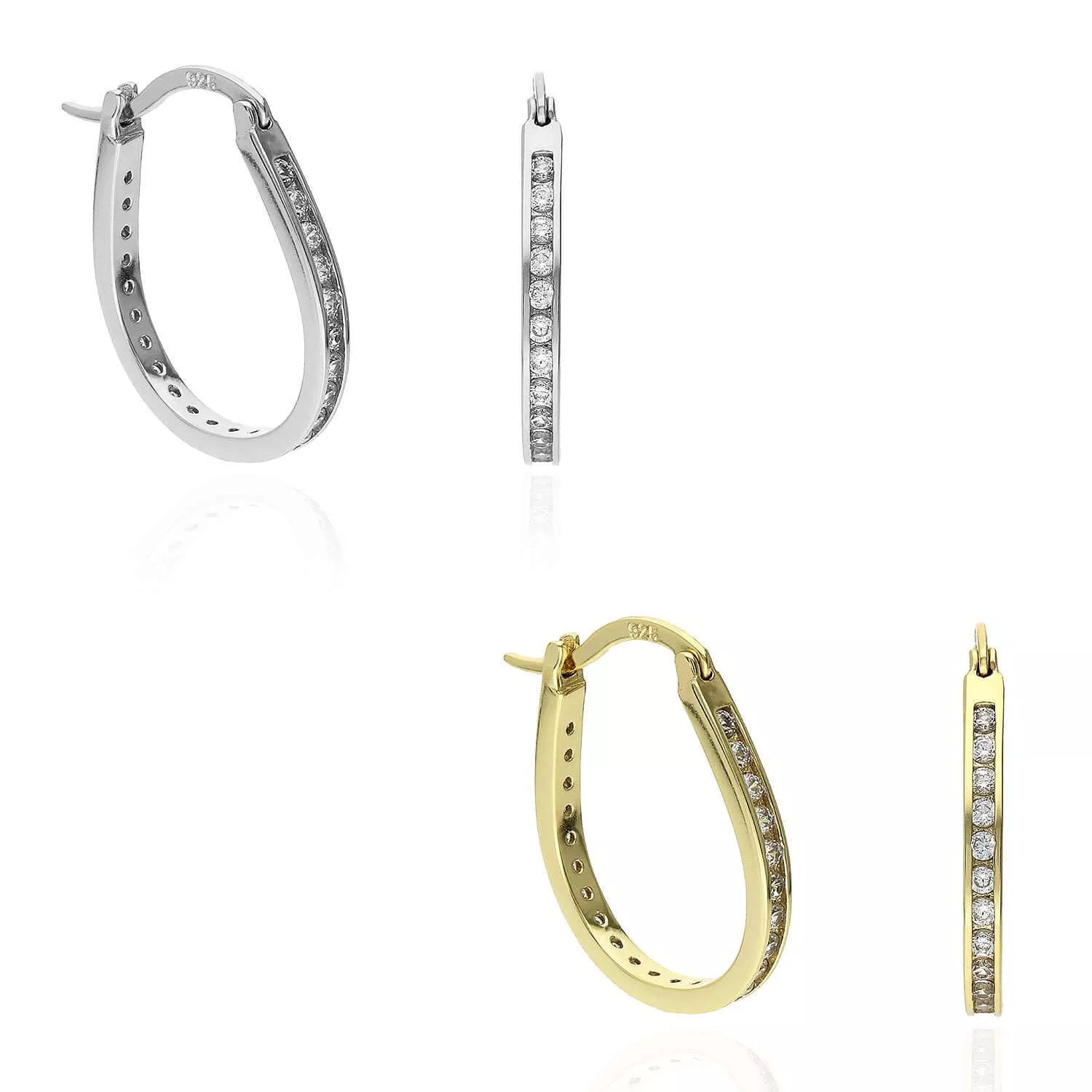 Yellow White Gold Over 925 Silver Channel-Set CZ Hoop Earrings