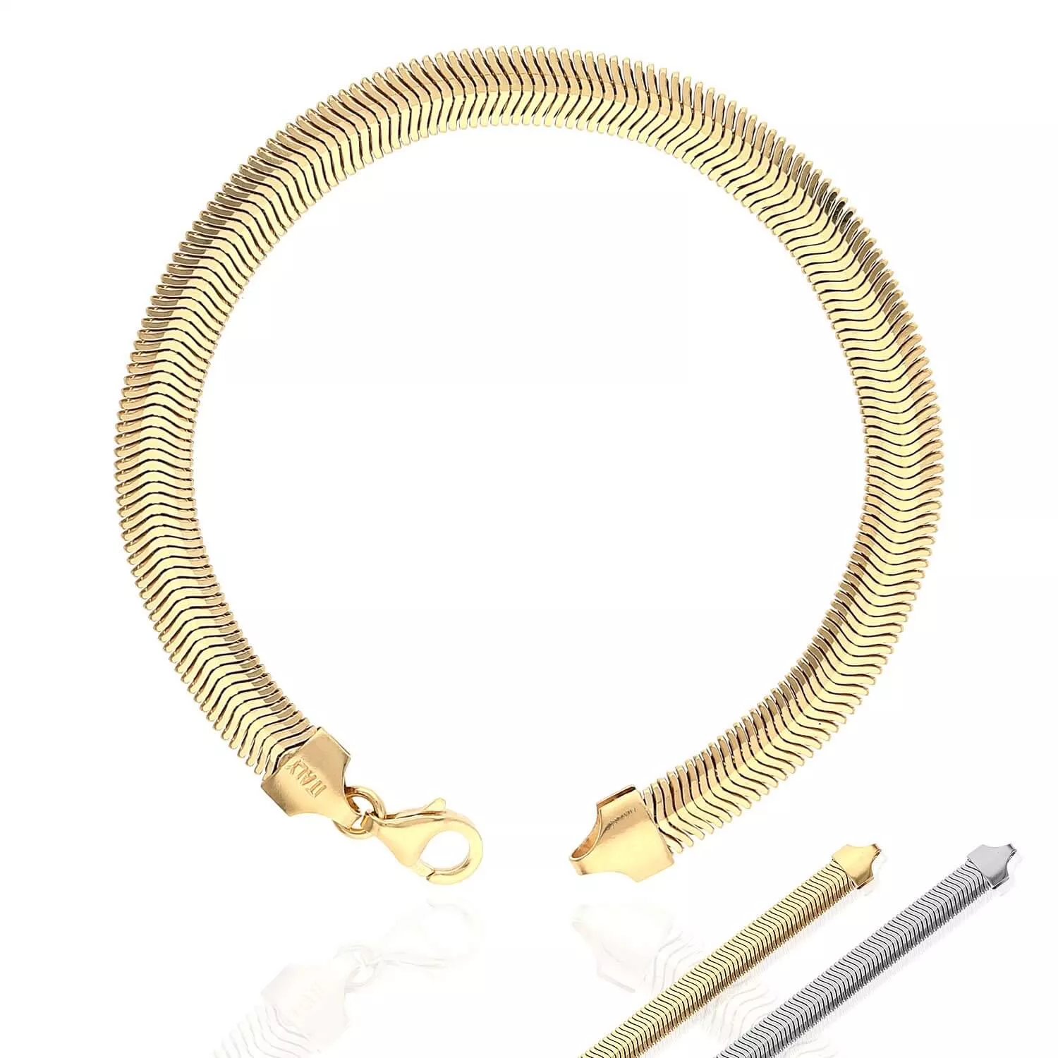 Yellow White Gold Over Sterling Silver Fancy Puffed Herringbone Bracelet (Solid Links) 7.5"