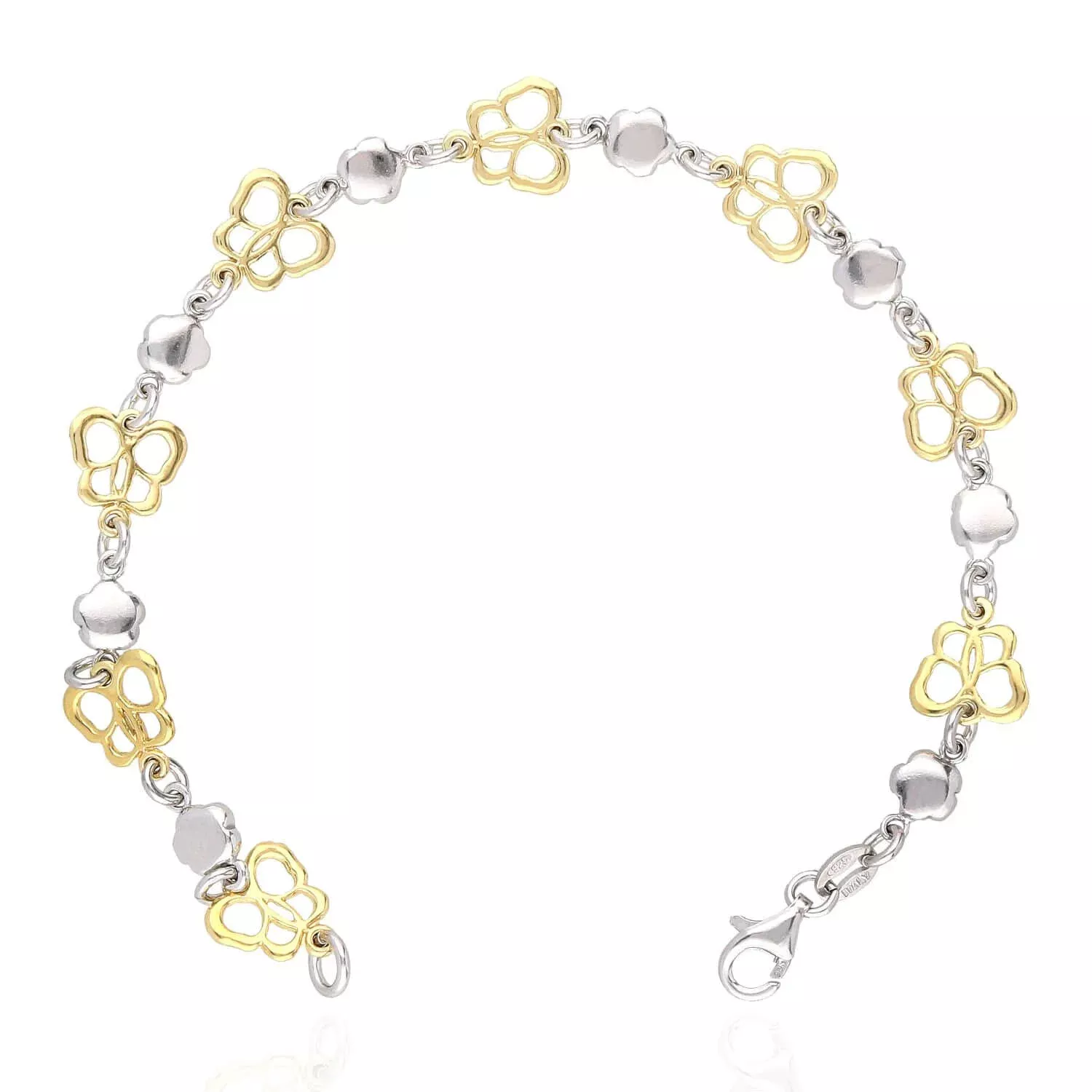 Yellow White Gold Over Sterling Silver Flower and Butterfly Bracelet (Hollow) 7.5"