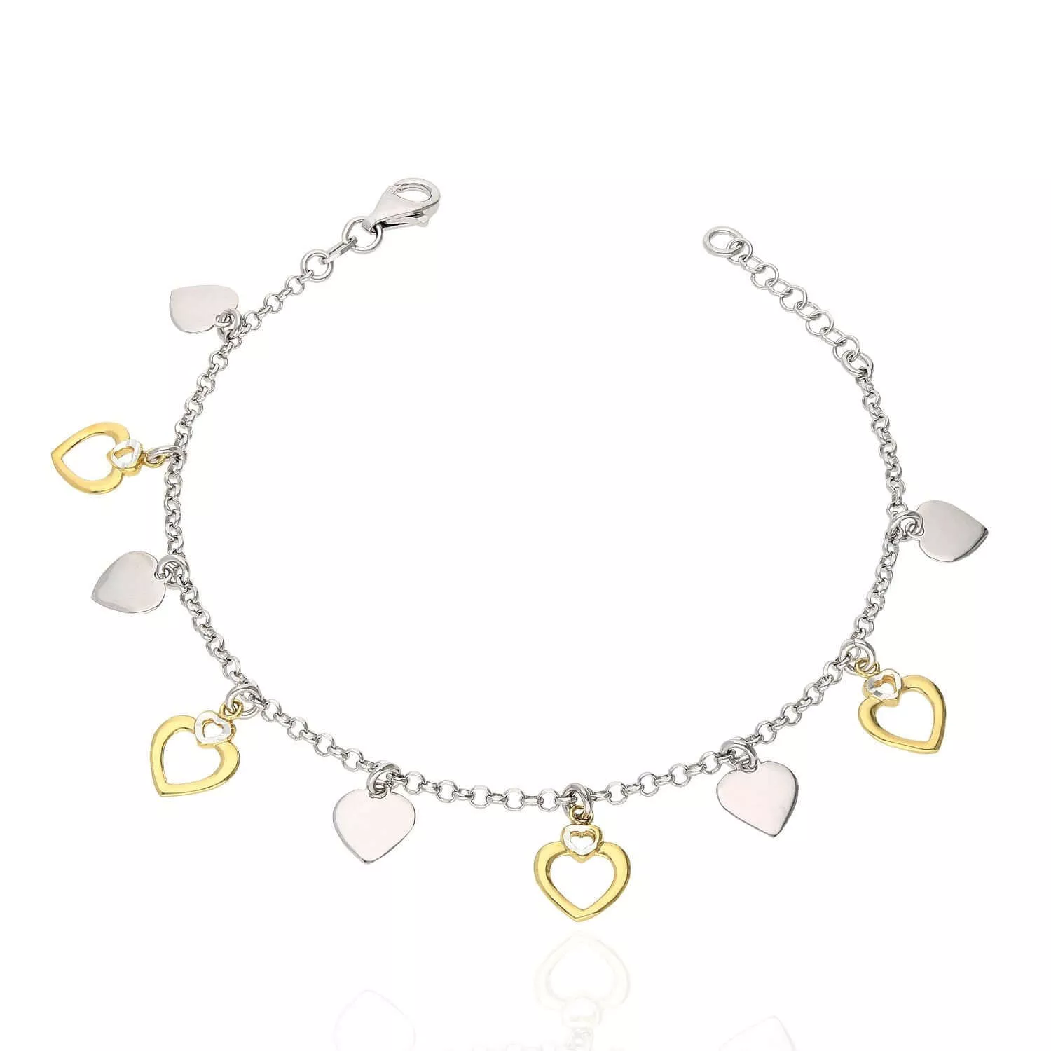 Yellow White Gold Over Sterling Silver Heart Charm Bracelet (Solid Links) 7.5"-8.5" Adjustable