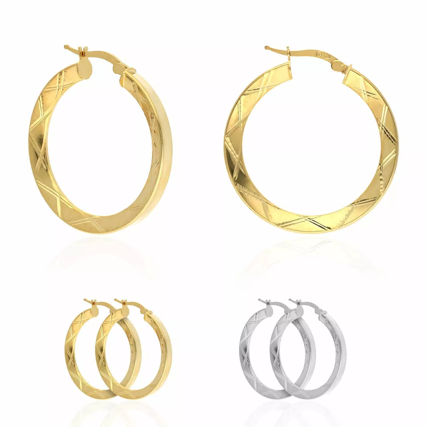 Yellow White Gold Over Sterling Silver Triangle-Pattern Tube Diamond-Cut Hoop Earrings