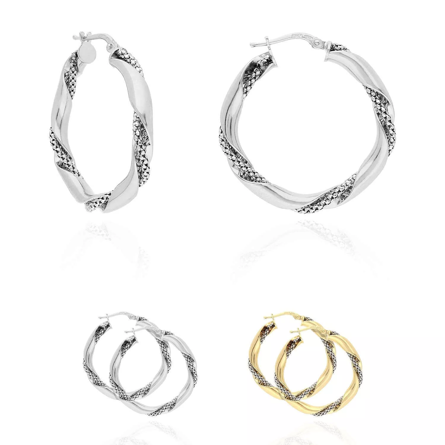 Yellow White Gold Over Sterling Silver Twisted Popcorn Shiny Hoop Earrings 33mm