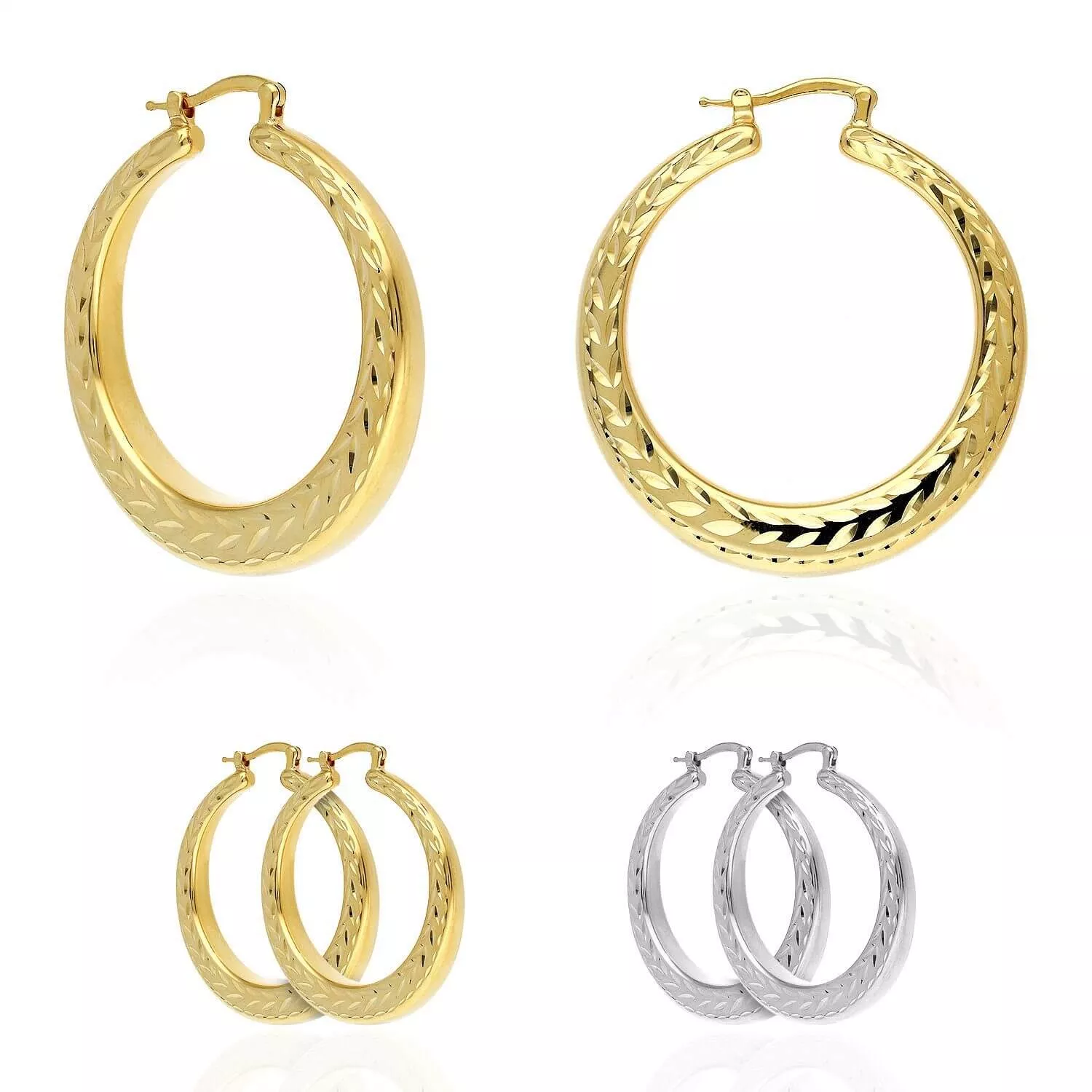 Yellow White Gold Tone 925 Sterling Silver Diamond-Cut Chunky Hoop Earrings 38mm