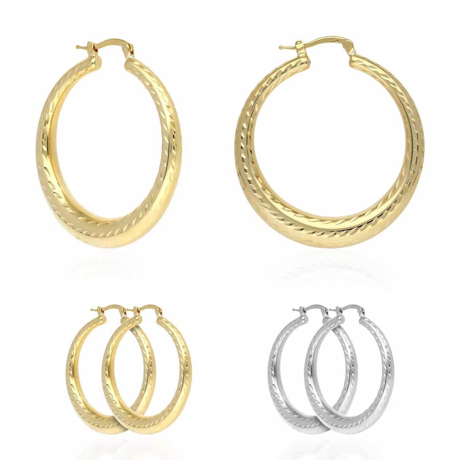 Yellow White Gold Tone 925 Sterling Silver Diamond-Cut Chunky Hoop Earrings 39mm