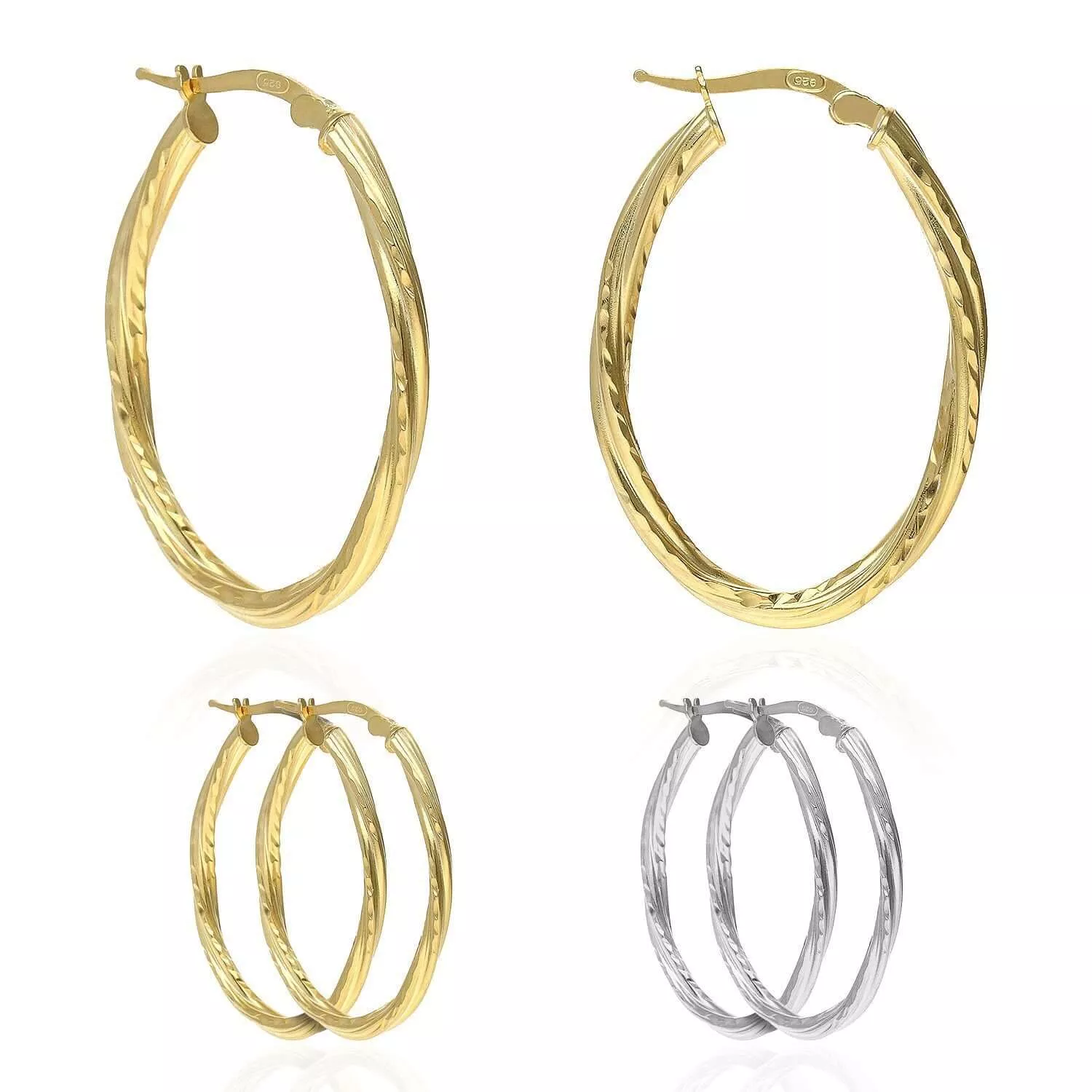 Yellow White Gold Tone Twisted Tube Diamond-Cut Oval 925 Silver Hoop Earrings