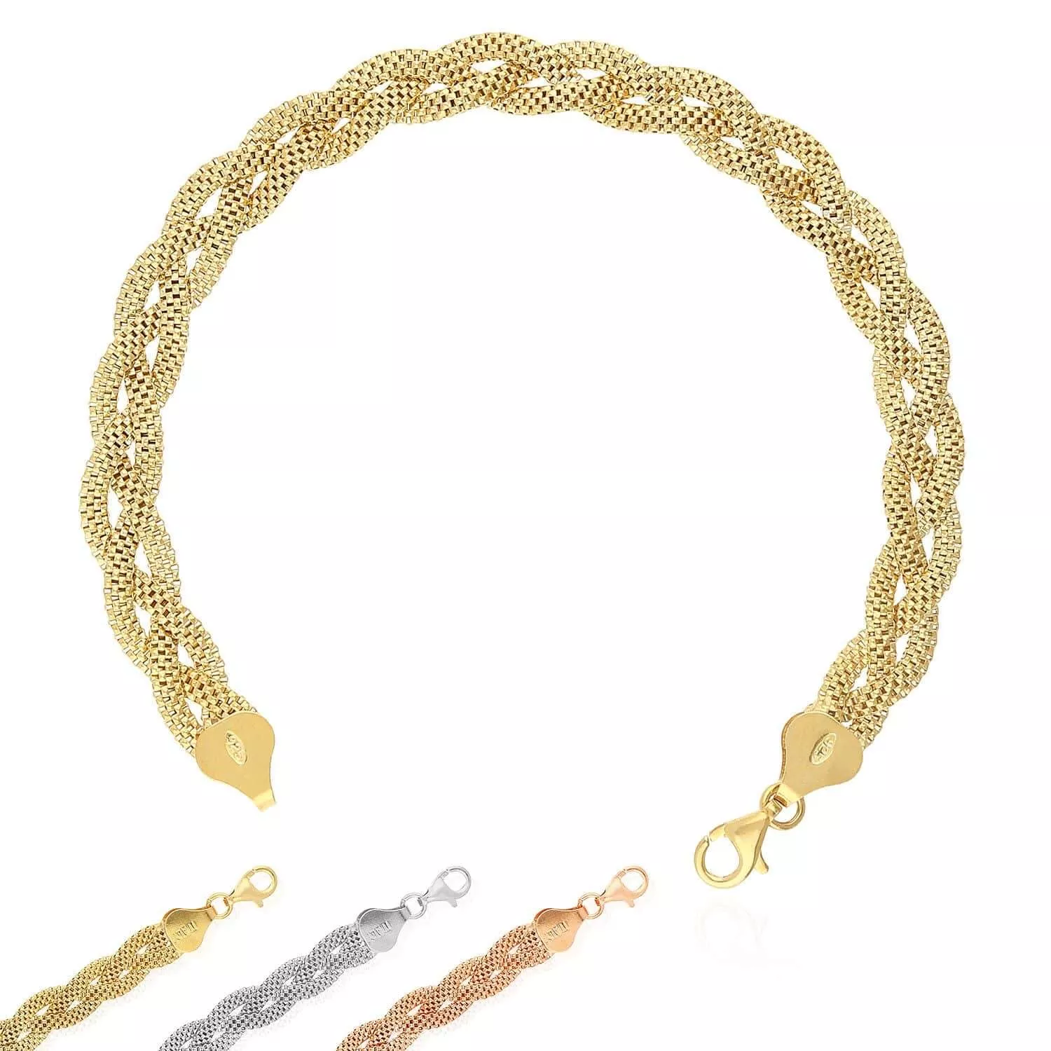 Yellow White Rose Gold Over Sterling Silver 7.5mm Braided Mesh Bracelet (Solid Links) 7.25"